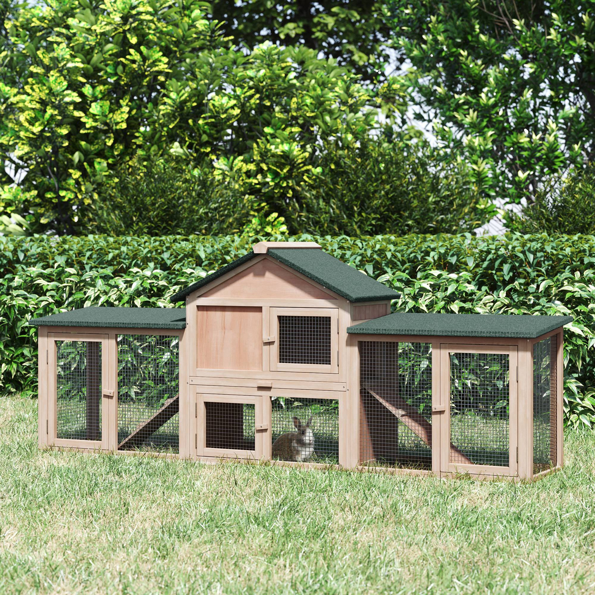 PawHut 83" L Outdoor Rabbit Hutch with Double Runs, Large Guinea Pig Cage Indoor, Wooden Bunny Hutch with Weatherproof Roof, Removable Tray, Ramps, Natural