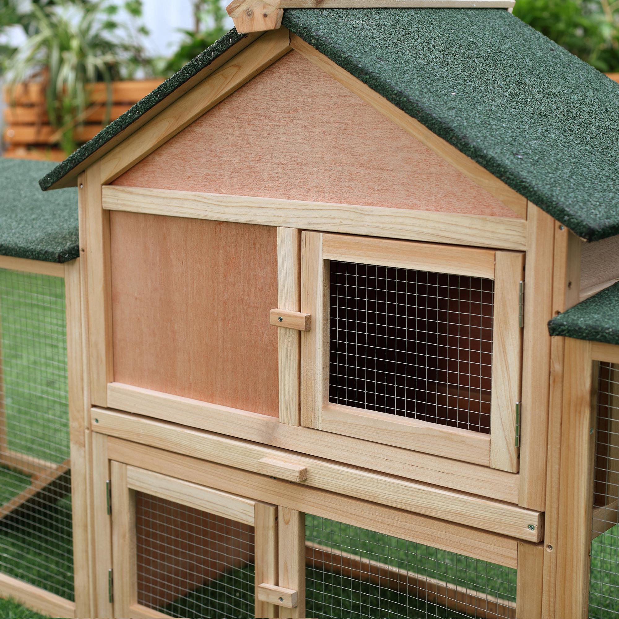 Large Rabbit Hutch Wood Bunny Cage Outdoor Guinea Pig House with Double Runs Slide Out Tray Ramps, 83"x18"x33", Natural