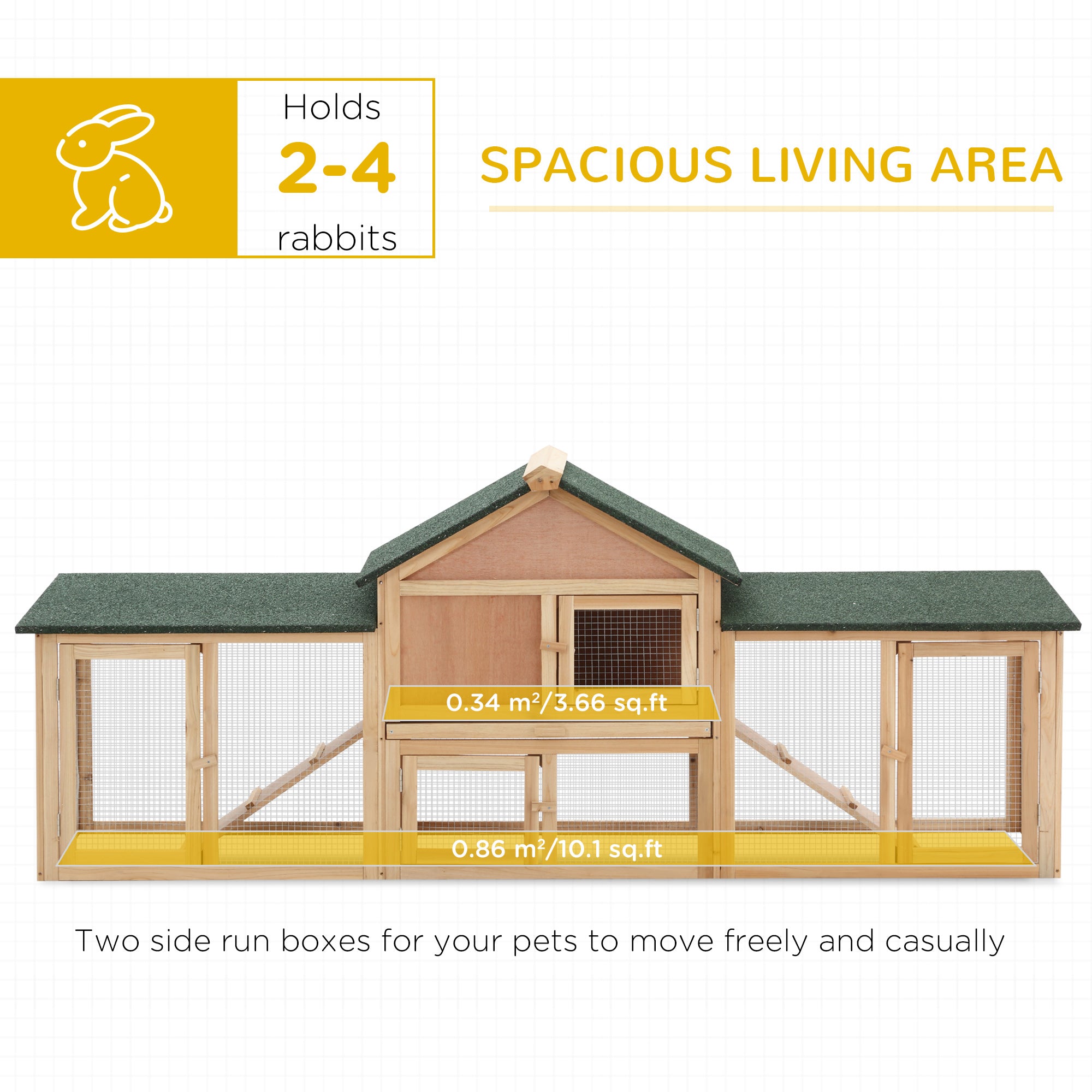 PawHut 83" L Outdoor Rabbit Hutch with Double Runs, Large Guinea Pig Cage Indoor, Wooden Bunny Hutch with Weatherproof Roof, Removable Tray, Ramps, Natural