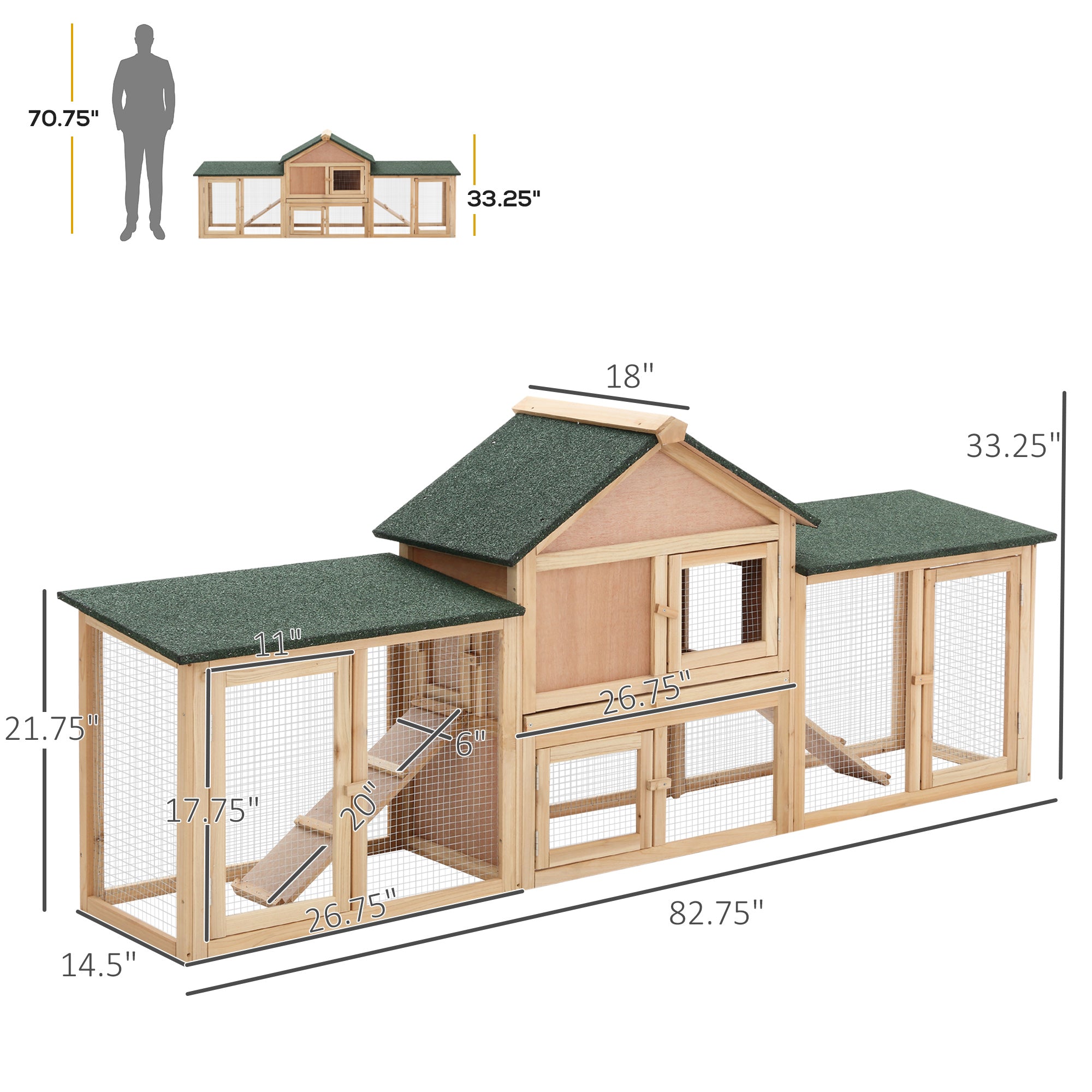 PawHut 83" L Outdoor Rabbit Hutch with Double Runs, Large Guinea Pig Cage Indoor, Wooden Bunny Hutch with Weatherproof Roof, Removable Tray, Ramps, Natural