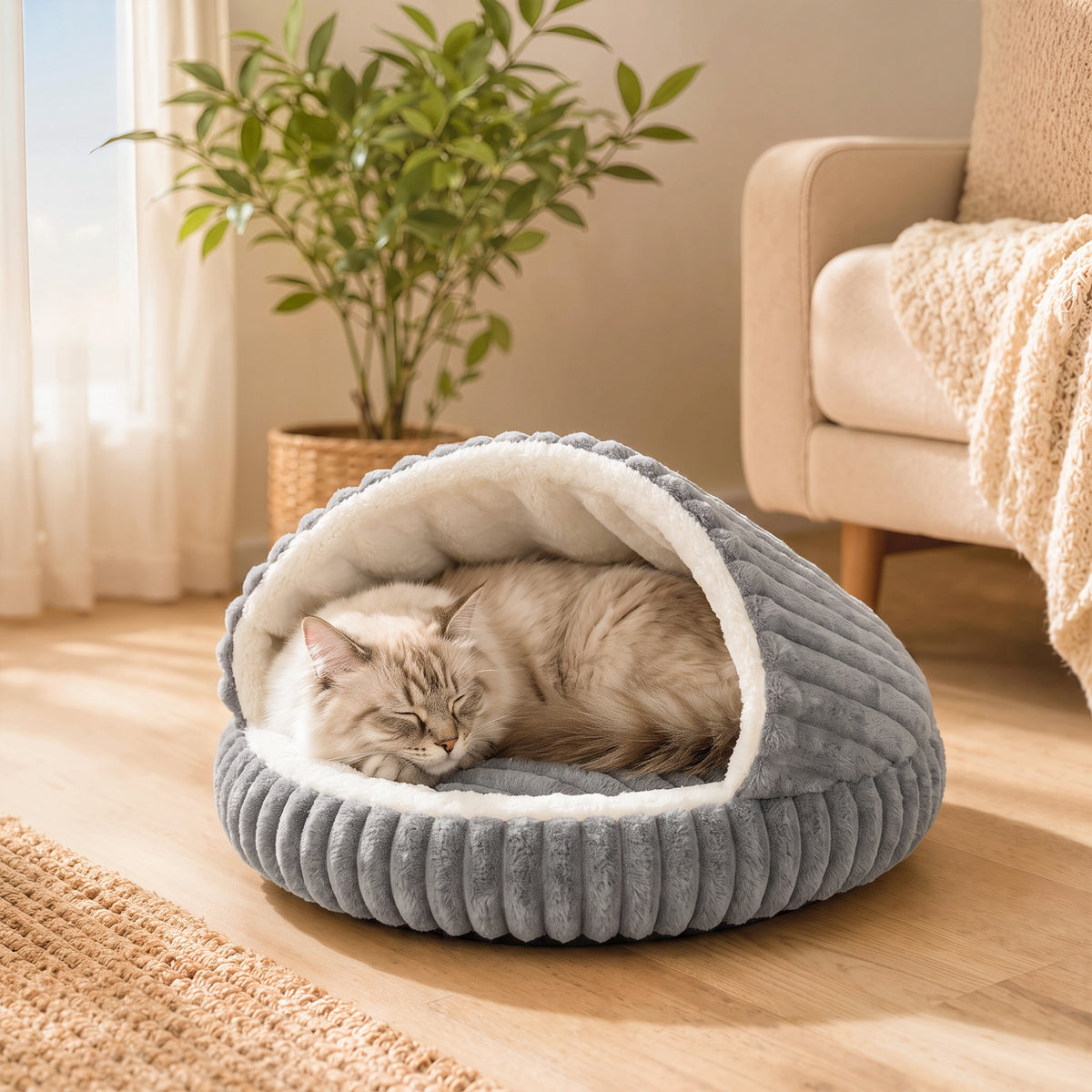 Cat Bed for Indoor Kittens, Cat Cave House with Non-Slip Bottom and Washable Cushion, Soft Pet Bed for Indoor Warmth & Comfort, 50 x 50 x 32 cm, Grey