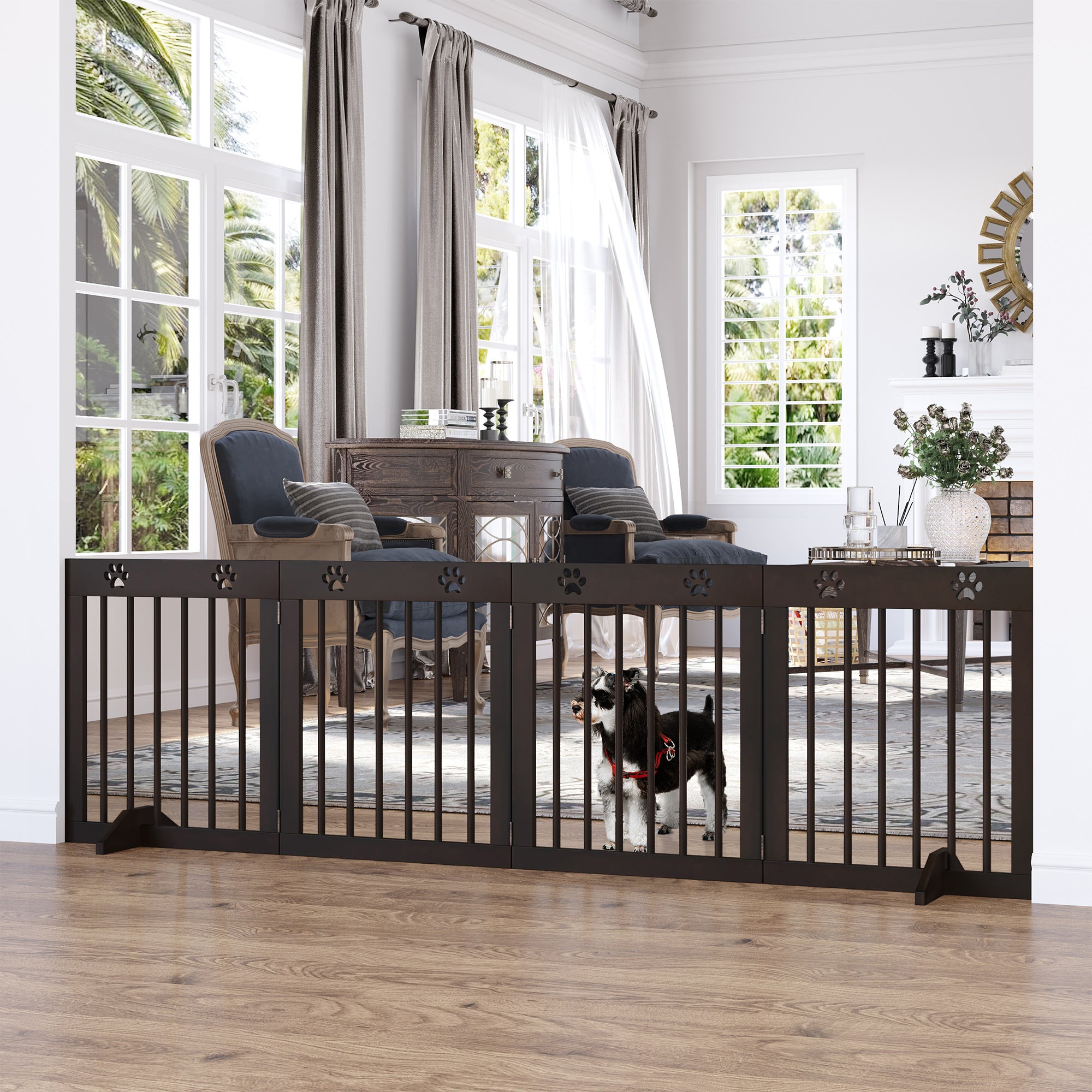 Freestanding Pet Gate 4 Panel Wooden Dog Barrier Folding Safety Fence with Support Feet up to 204cm Long 61cm Tall for Doorway Stairs Brown