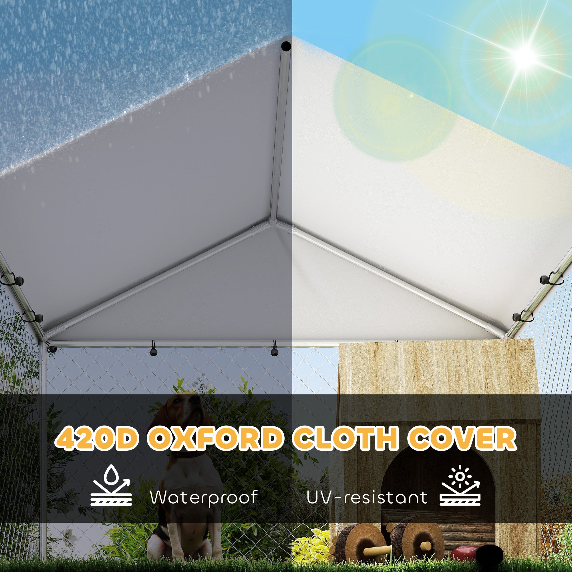 Outdoor Dog Kennel with Roof, Heavy Duty Dog Run Outdoor Fence Cage with Adjustable & Rotating Bowls, Waterproof UV-Resistant Cover, Secure Lock, 6.6' x 6.6' x 5.1'
