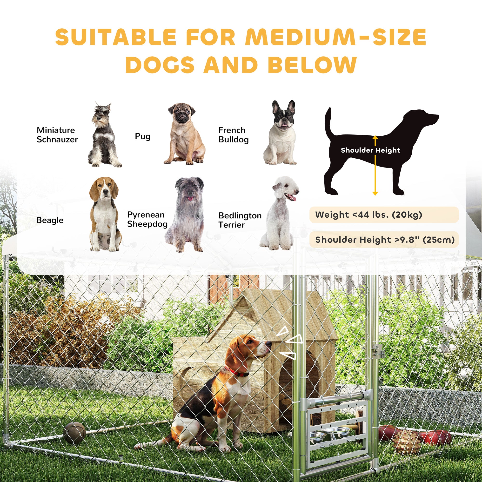 Outdoor Dog Kennel with Roof, Heavy Duty Dog Run Outdoor Fence Cage with Adjustable & Rotating Bowls, Waterproof UV-Resistant Cover, Secure Lock, 6.6' x 6.6' x 5.1'