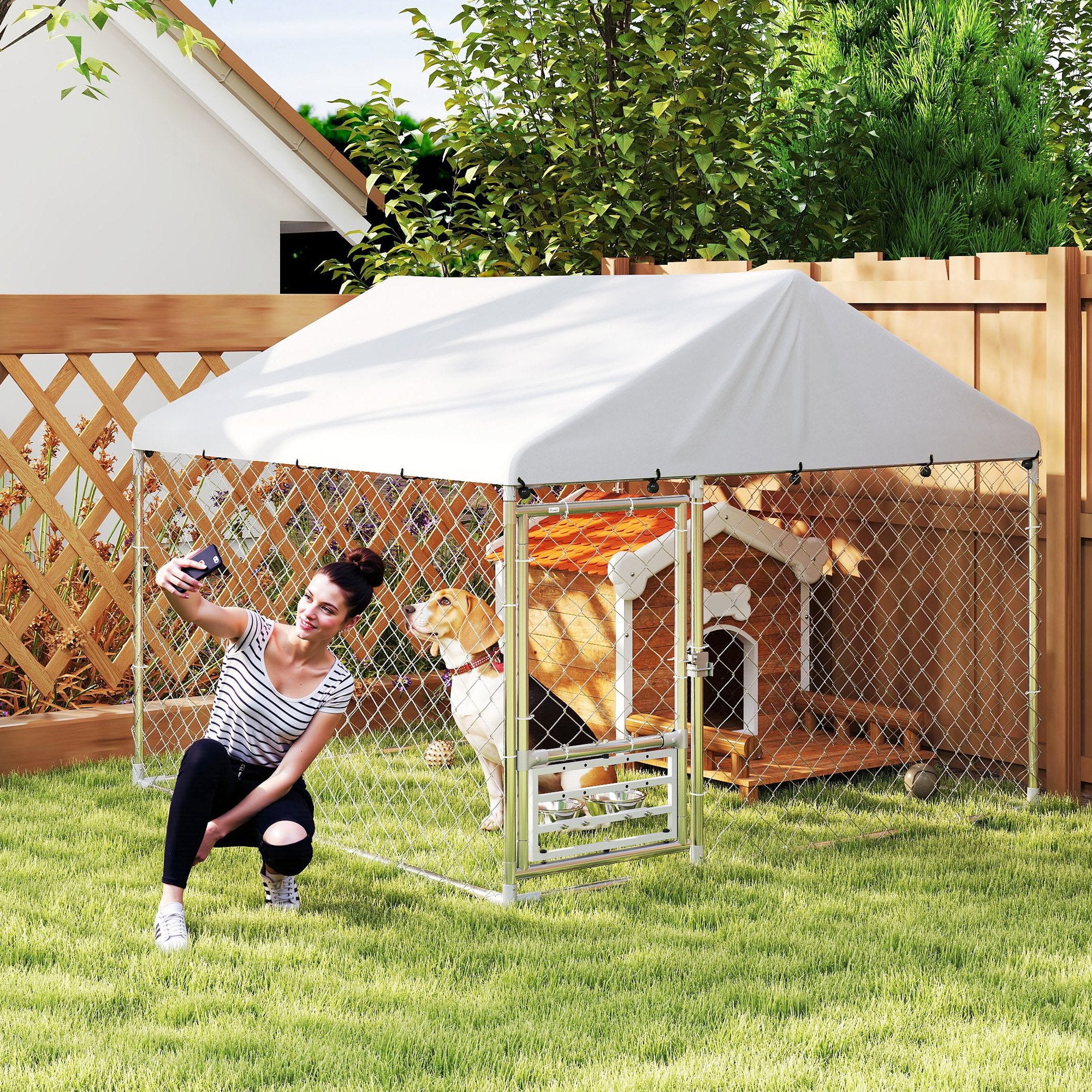 Outdoor Dog Kennel with Roof, Heavy Duty Dog Run Outdoor Fence Cage with Adjustable & Rotating Bowls, Waterproof UV-Resistant Cover, Secure Lock, 6.6' x 6.6' x 5.1'