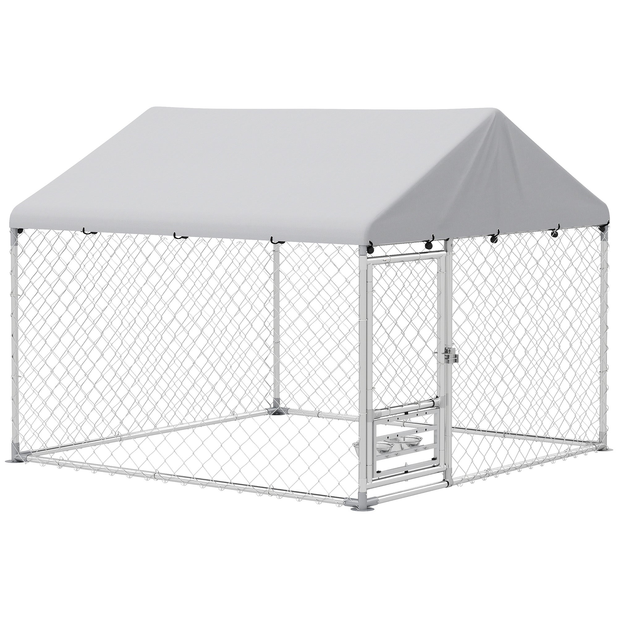 Outdoor Dog Kennel with Roof, Heavy Duty Dog Run Outdoor Fence Cage with Adjustable & Rotating Bowls, Waterproof UV-Resistant Cover, Secure Lock, 6.6' x 6.6' x 5.1'