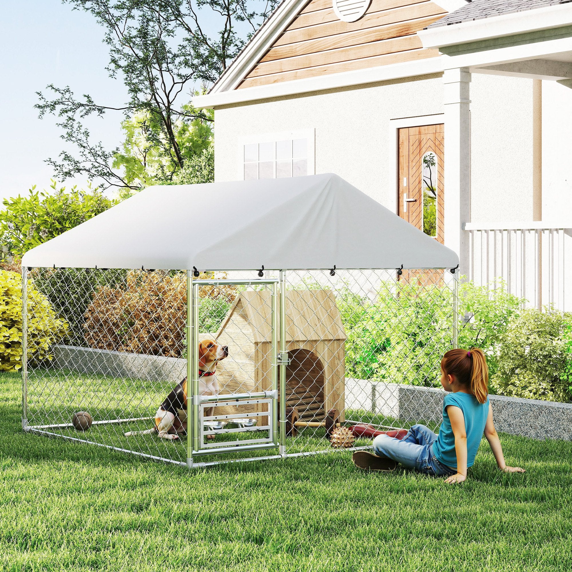 Outdoor Dog Kennel with Roof, Heavy Duty Dog Run Outdoor Fence Cage with Adjustable & Rotating Bowls, Waterproof UV-Resistant Cover, Secure Lock, 6.6' x 6.6' x 5.1'