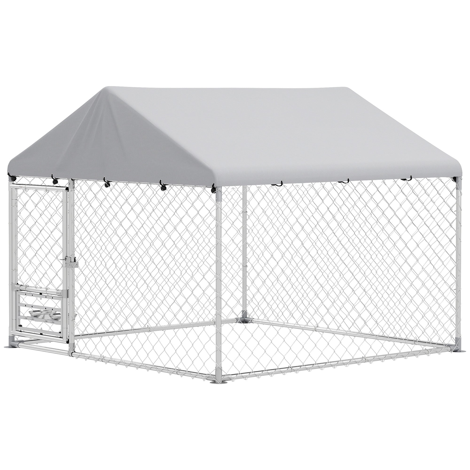 Outdoor Dog Kennel with Roof, Heavy Duty Dog Run Outdoor Fence Cage with Adjustable & Rotating Bowls, Waterproof UV-Resistant Cover, Secure Lock, 6.6' x 6.6' x 5.1'
