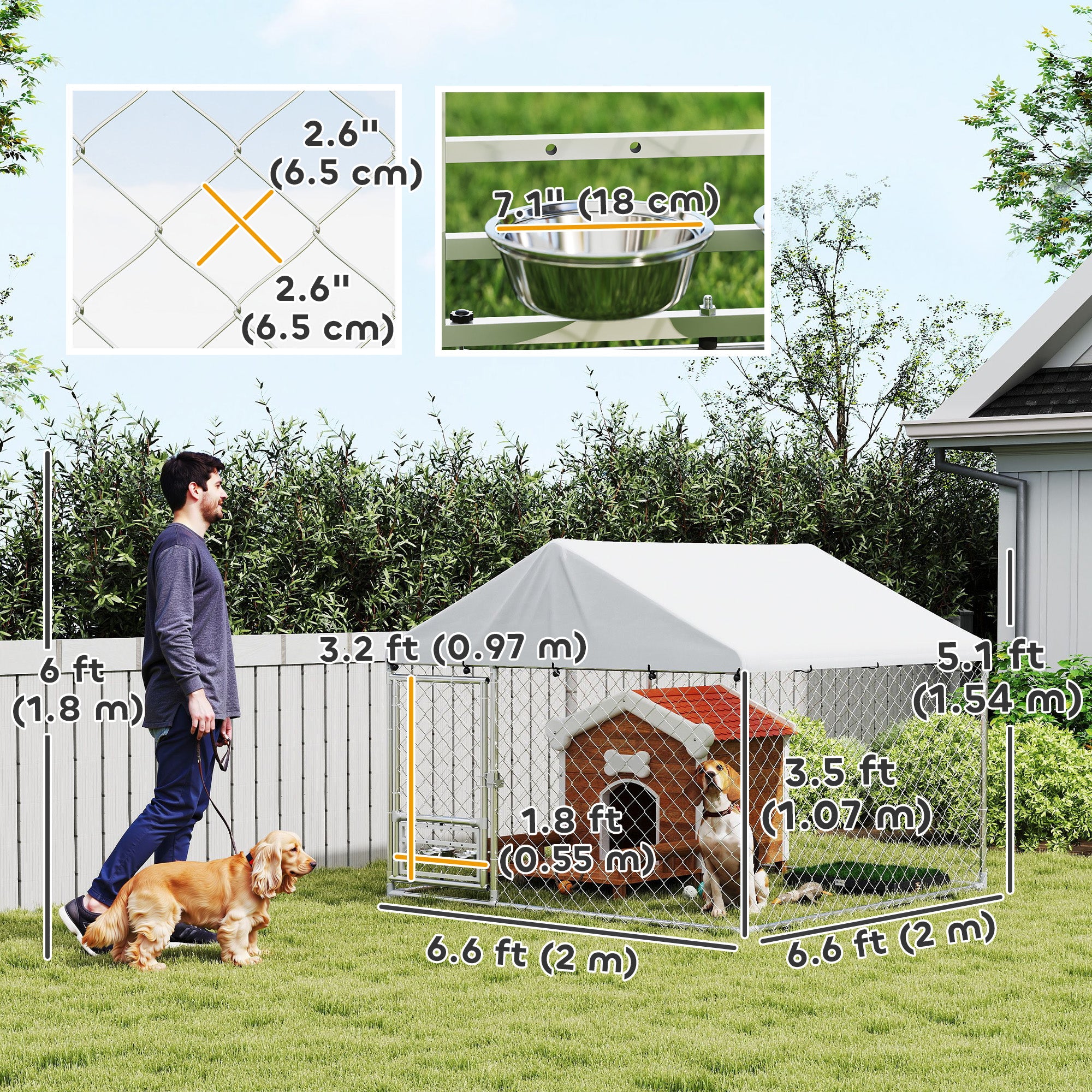 Outdoor Dog Kennel with Roof, Heavy Duty Dog Run Outdoor Fence Cage with Adjustable & Rotating Bowls, Waterproof UV-Resistant Cover, Secure Lock, 6.6' x 6.6' x 5.1'