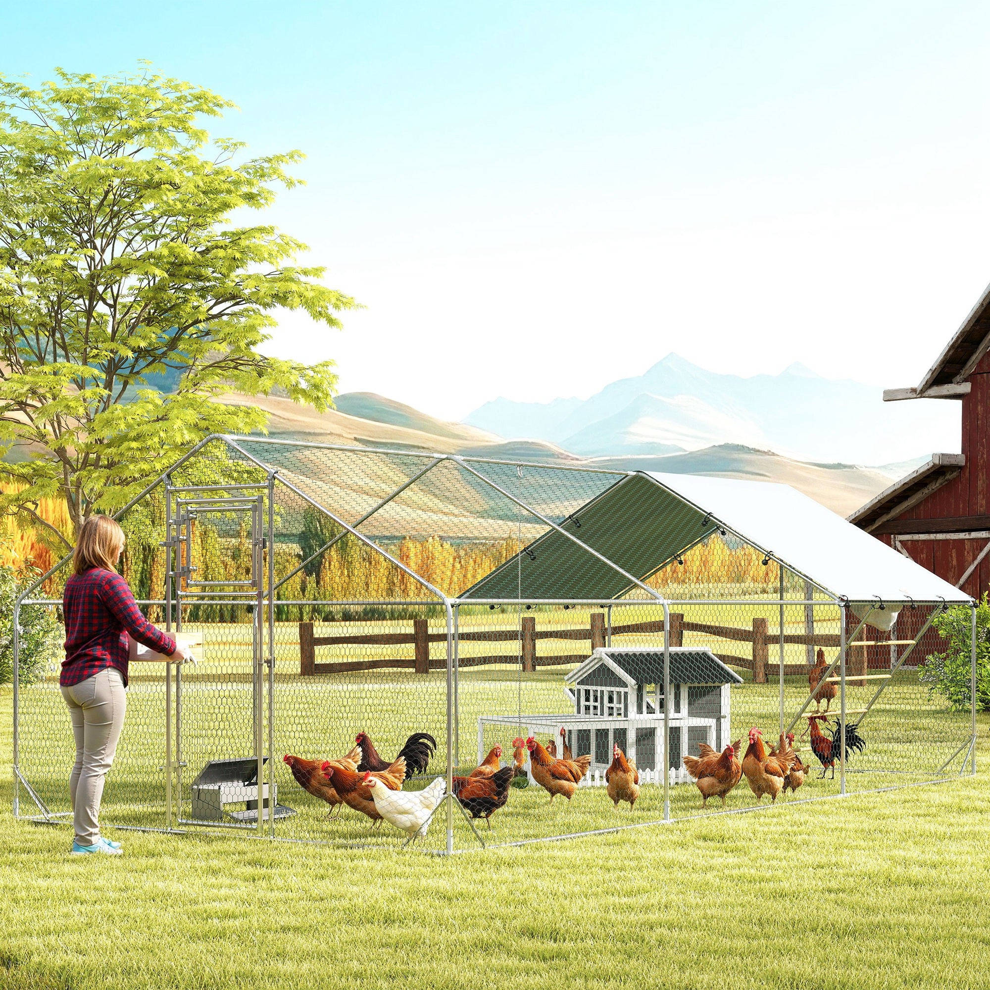 Wooden Chicken Coop with Run for 1-2 Chickens, Hen House with Nesting Box, Removable Tray, Fence, Outdoor Poultry Cage, 68" x 59" x 42" , Gray