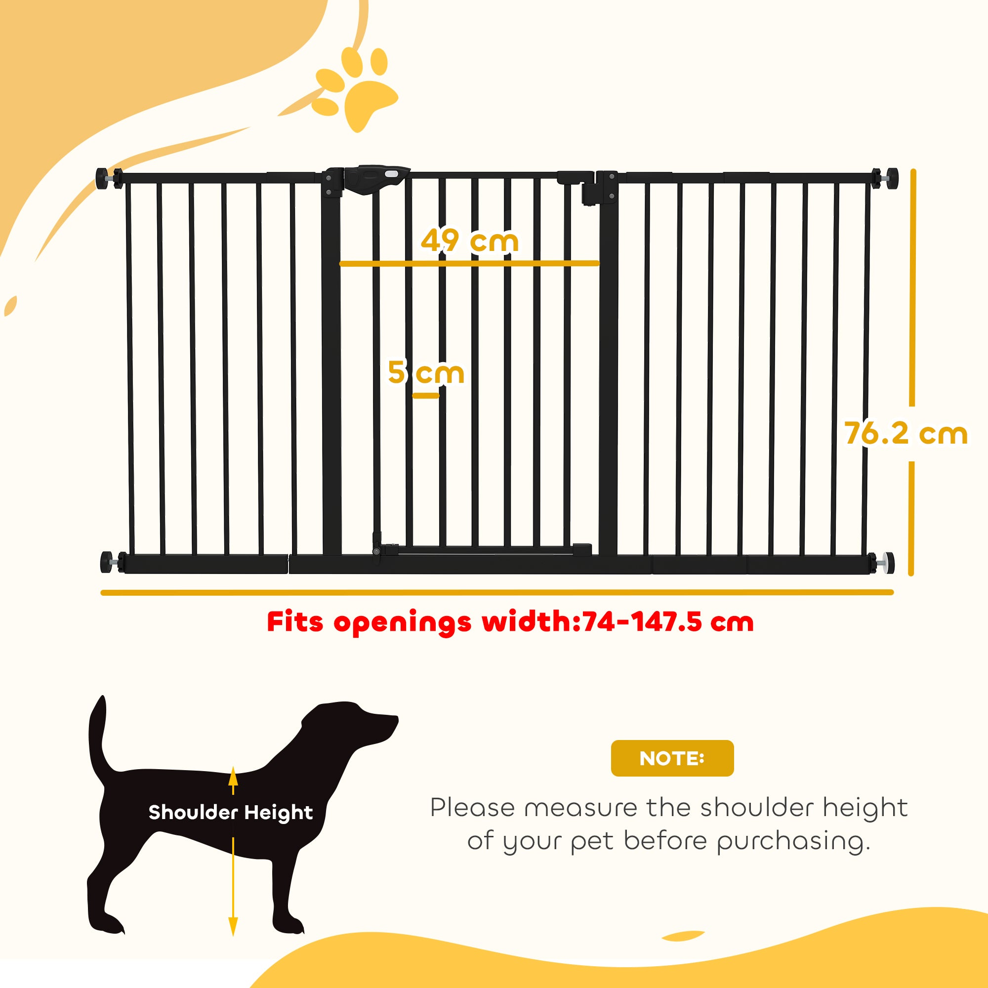 Dog Gate Stair Gate Pressure Fit Pets Barrier Auto Close for Doorway Hallway, 74-148cm Wide Adjustable, Black