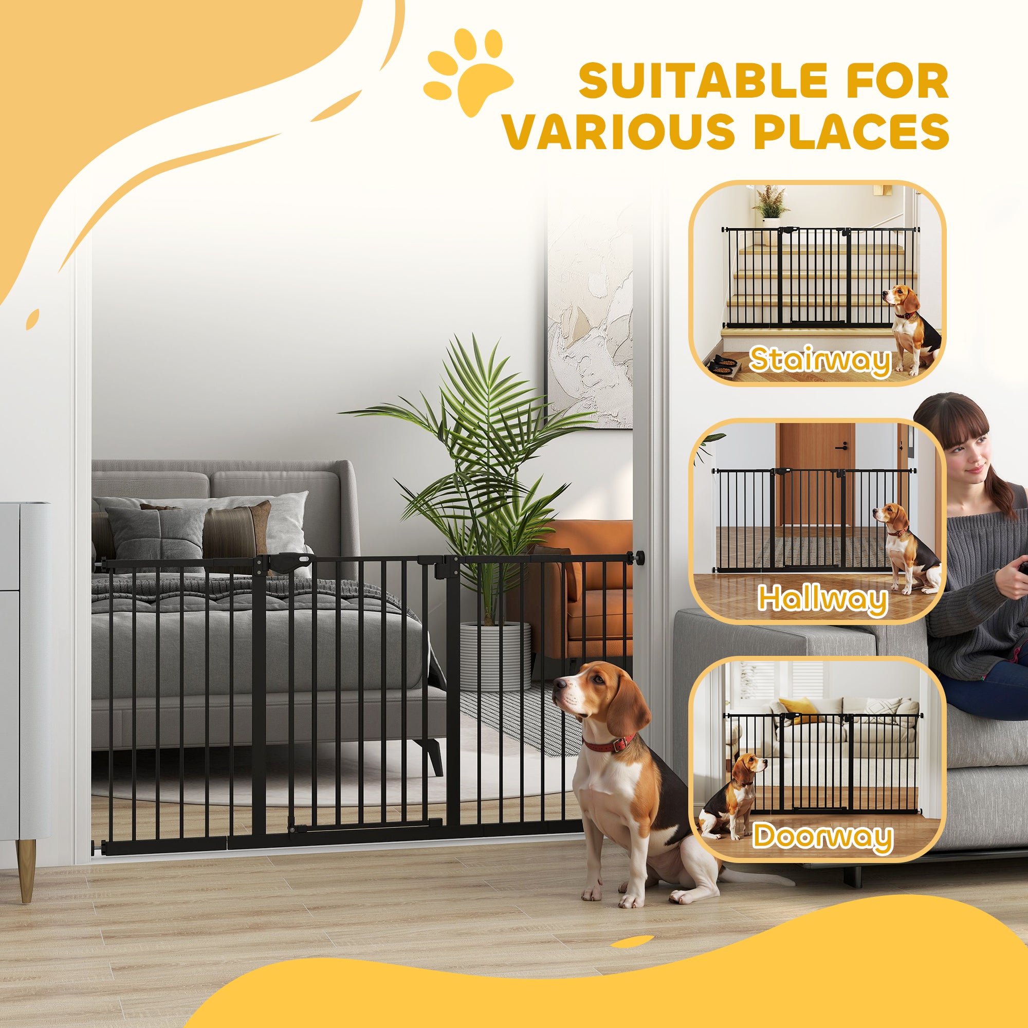 Dog Gate Stair Gate Pressure Fit Pets Barrier Auto Close for Doorway Hallway, 74-148cm Wide Adjustable, Black