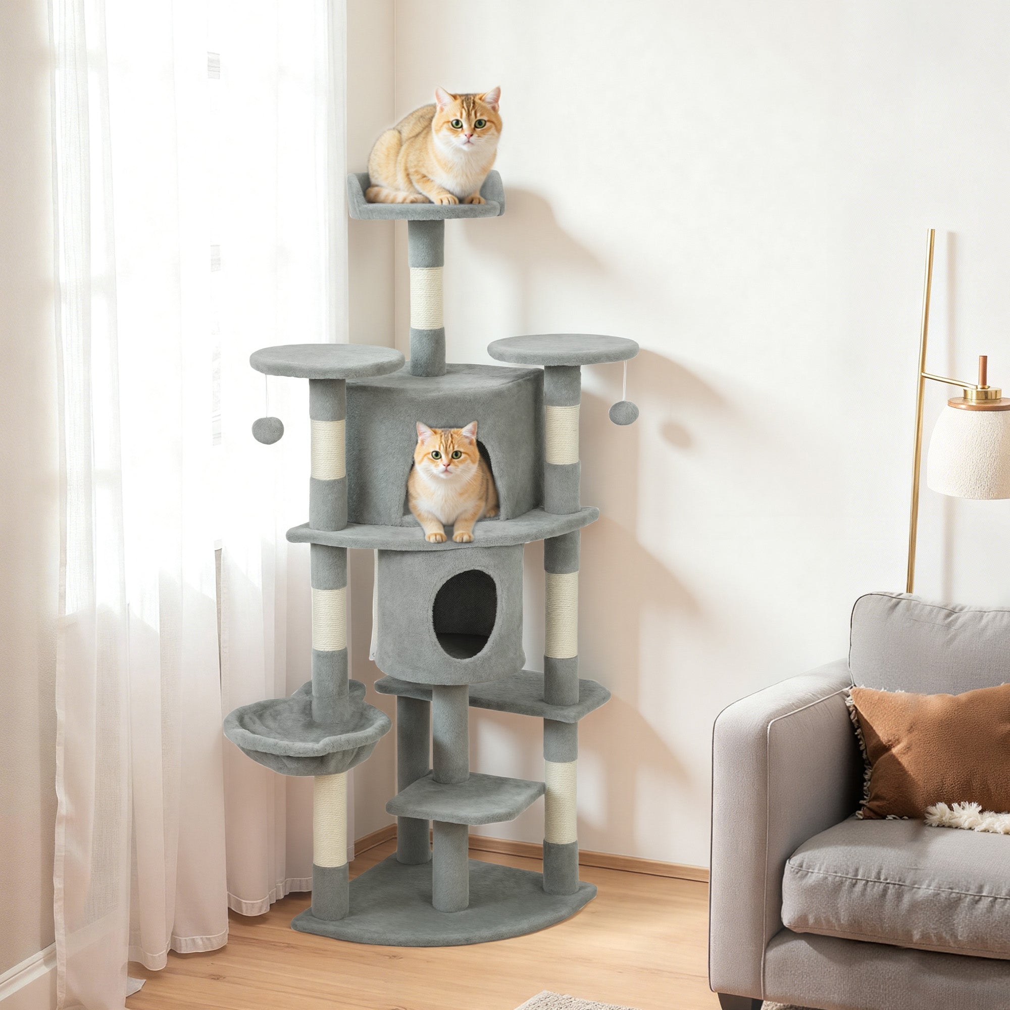 Cat Tree, 62" Multi-Level Cat Tower with Scratching Posts, 2 Condos, Hammock, Perches, Plush, Pompoms, for Indoor Kittens Playing, Resting, Sleeping, Light Grey