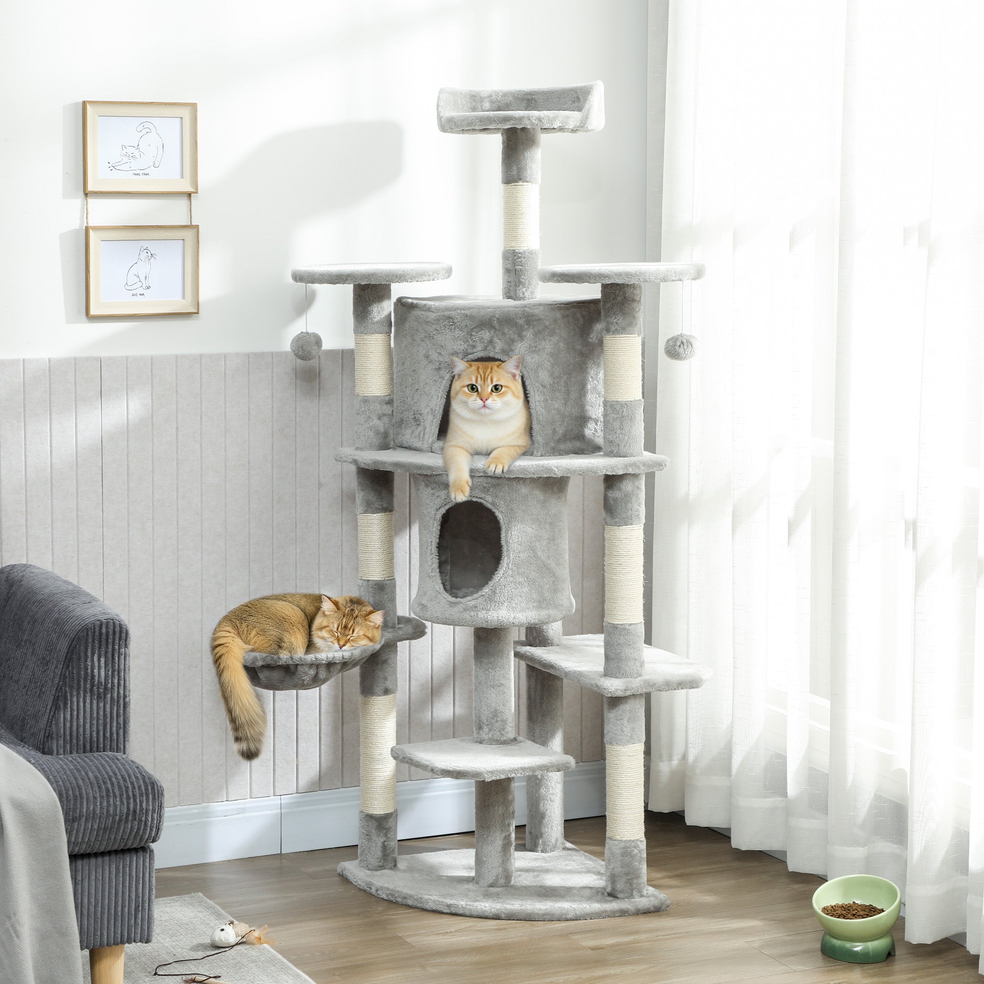 Cat Tree, 62" Multi-Level Cat Tower with Scratching Posts, 2 Condos, Hammock, Perches, Plush, Pompoms, for Indoor Kittens Playing, Resting, Sleeping, Light Grey