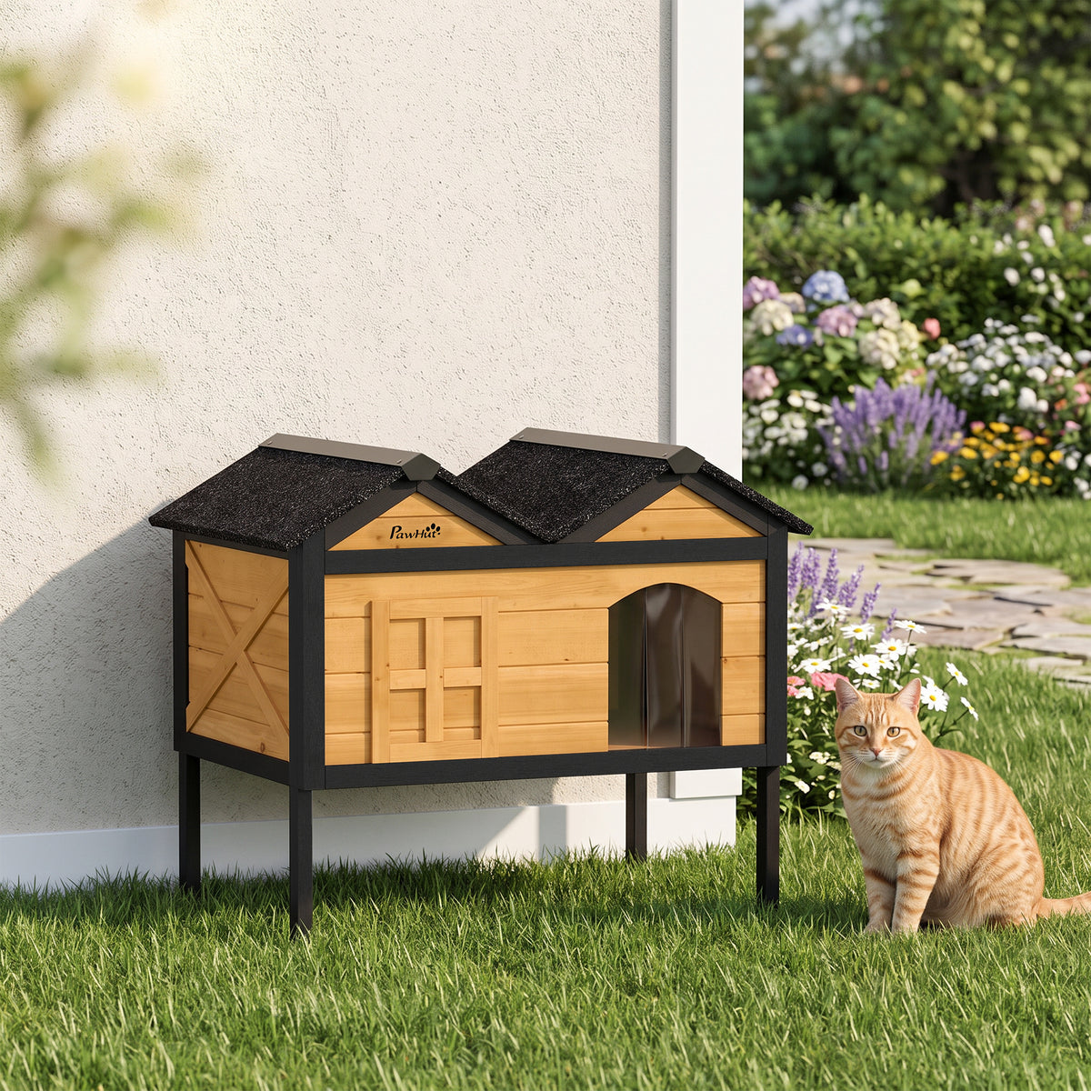 Outdoor Cat House Wooden with Removable Liner, Raised Cat Shelter Outdoor Indoor, Weatherproof Asphalt Roof, Wide Side Cleaning Door, PVC Curtain, 1 Cat up to 10 kg