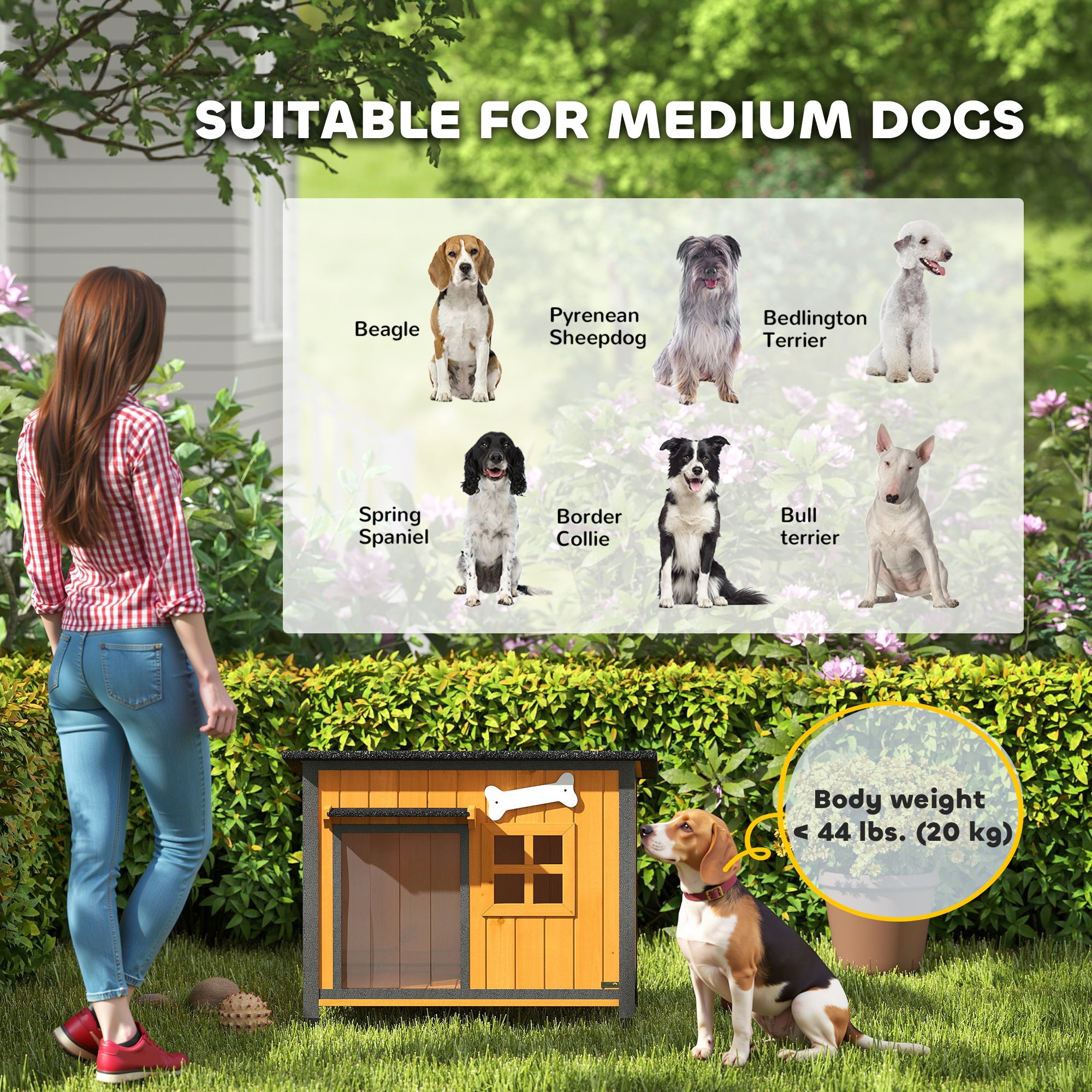 Dog House Anti-Chewing Steel Frame, Wooden Dog Kennel House with Openable Roof, Removable Floor, Door Curtain, Weatherproof Pet Shelter for Outdoor Indoor
