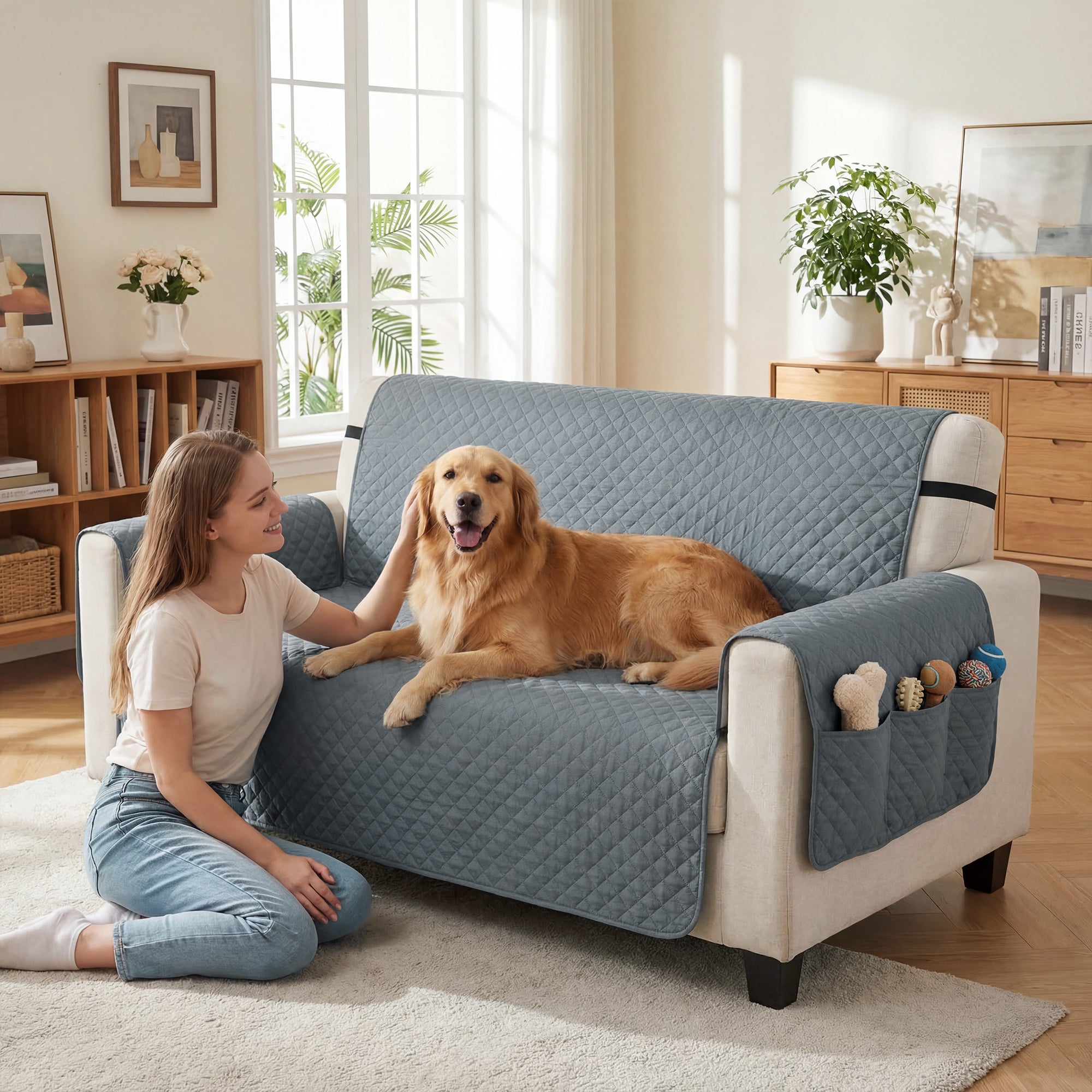 Waterproof Sofa Cover 2 Seater, Soft Couch Cover for Dogs Cats Pets, Non Slip Sofa Slipcoevr with Elastic Straps Furniture Protector for Living Room, Grey