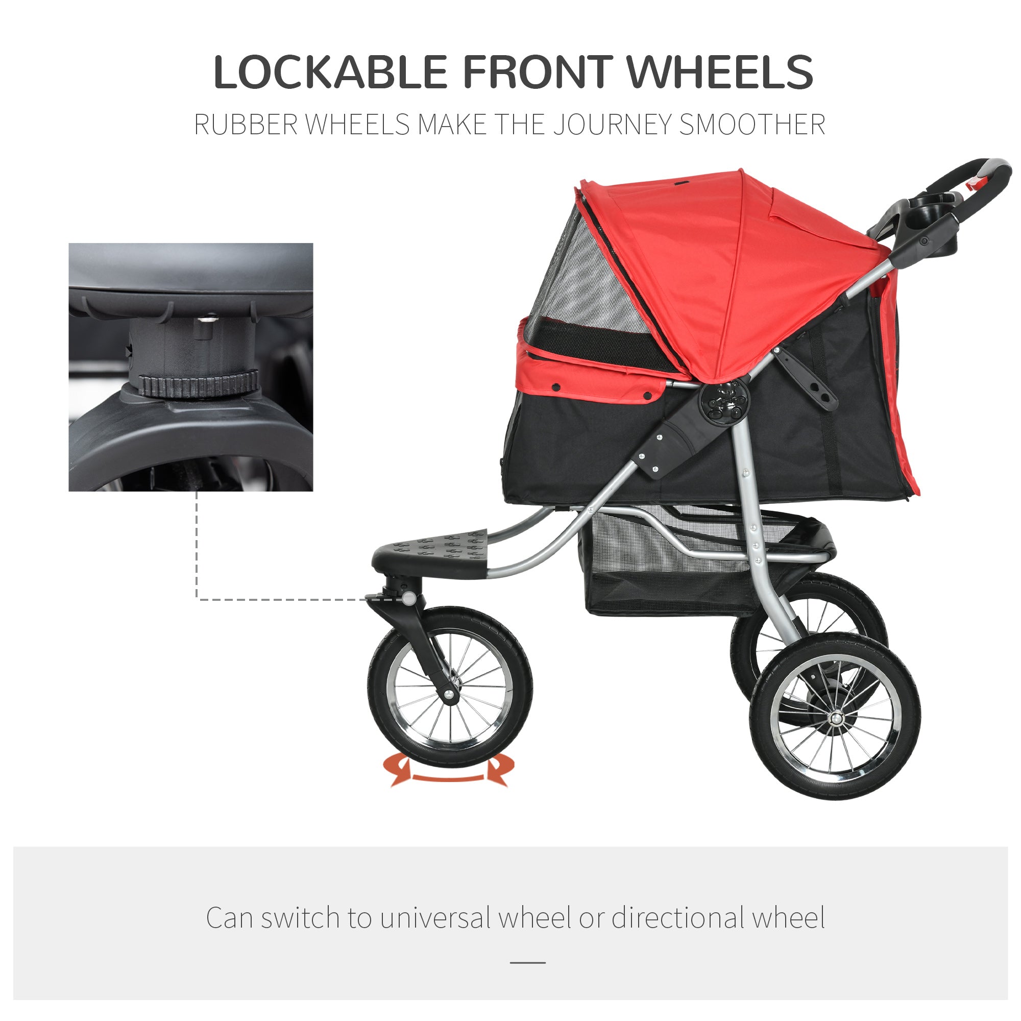 Luxury Pet Stroller Lightweight Dog Cat Travel Carriage with 3-Rubber Wheels, One-click Folding Design, Adjustable Canopy, Zippered Mesh Window Door, Red