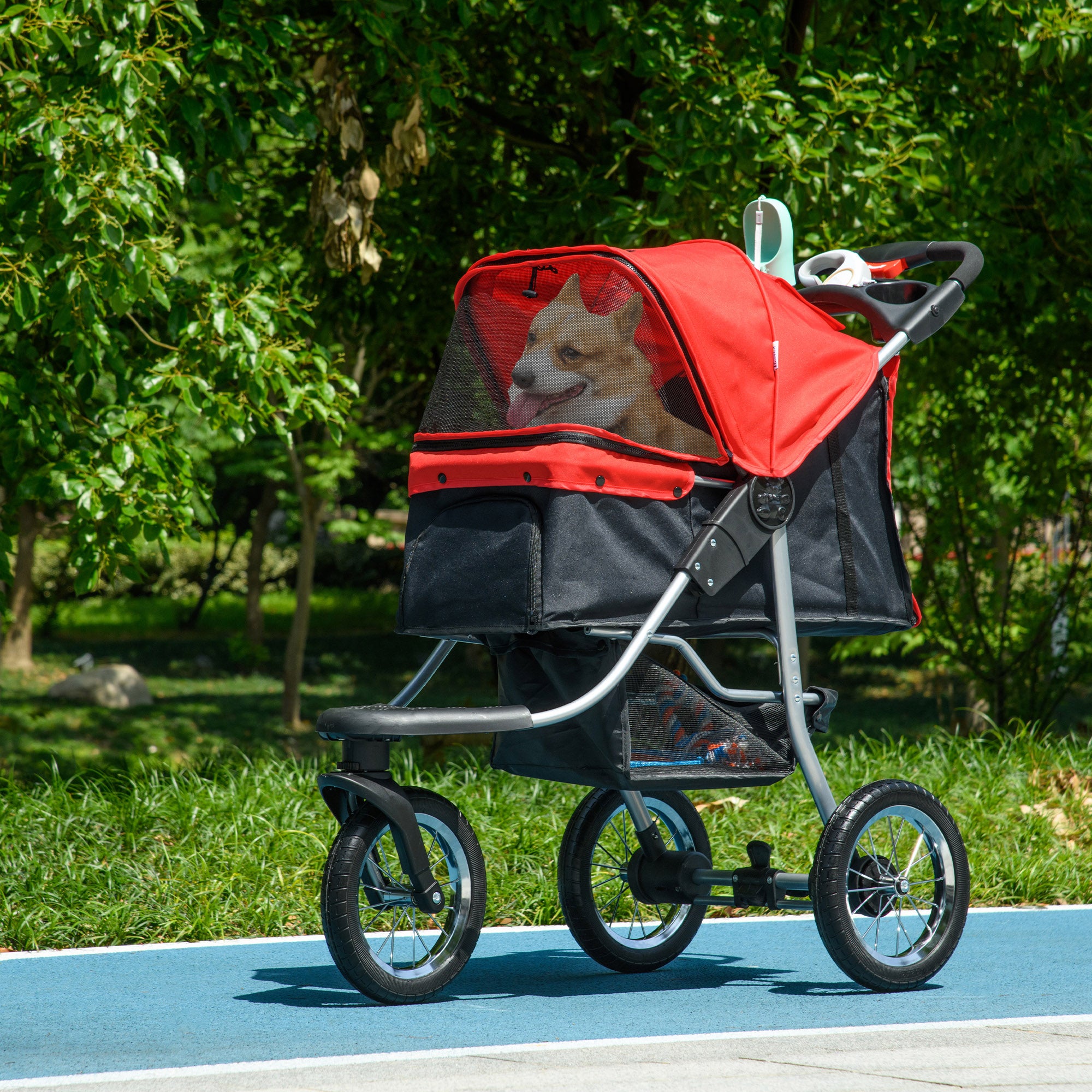 Luxury Pet Stroller Lightweight Dog Cat Travel Carriage with 3-Rubber Wheels, One-click Folding Design, Adjustable Canopy, Zippered Mesh Window Door, Red