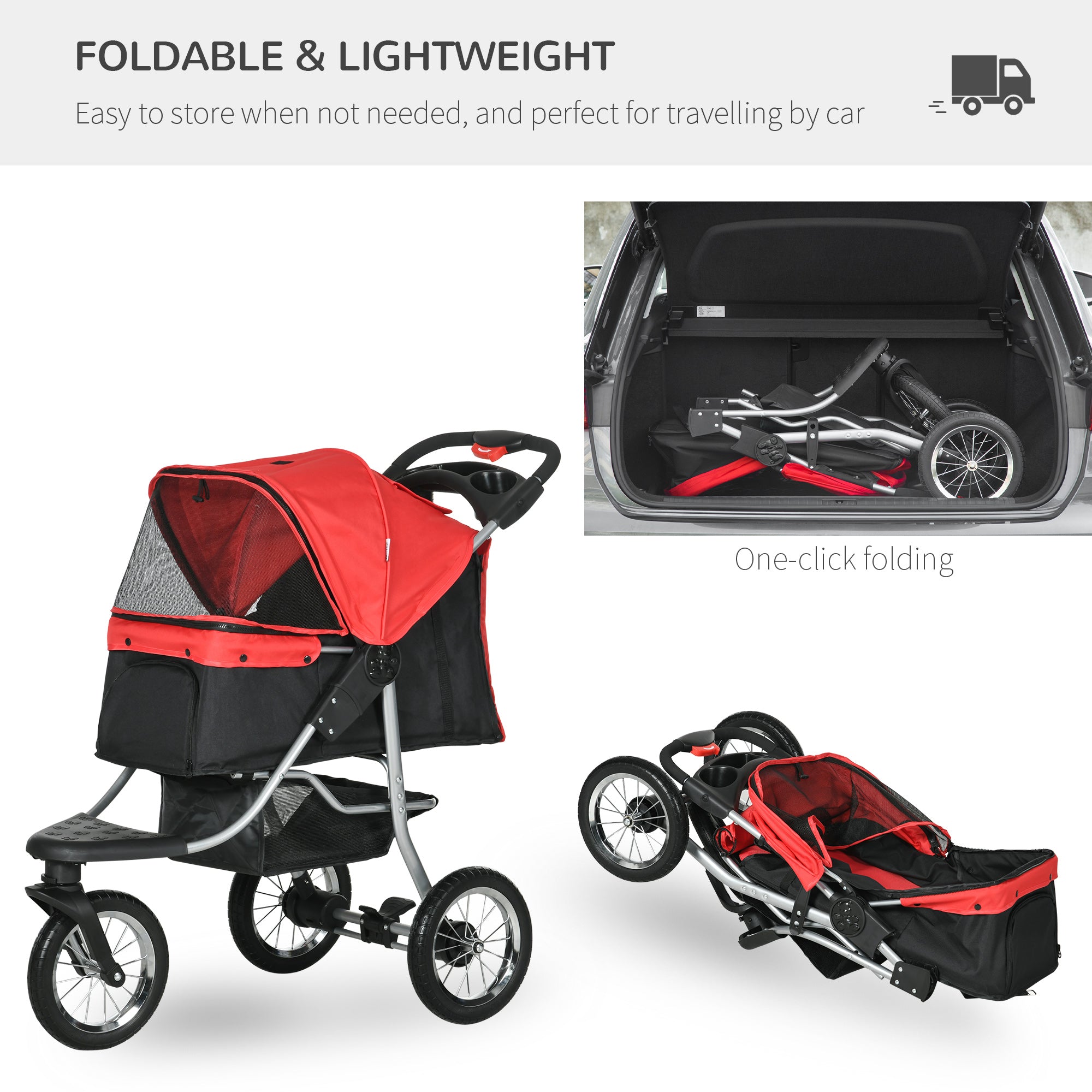 Luxury Pet Stroller Lightweight Dog Cat Travel Carriage with 3-Rubber Wheels, One-click Folding Design, Adjustable Canopy, Zippered Mesh Window Door, Red
