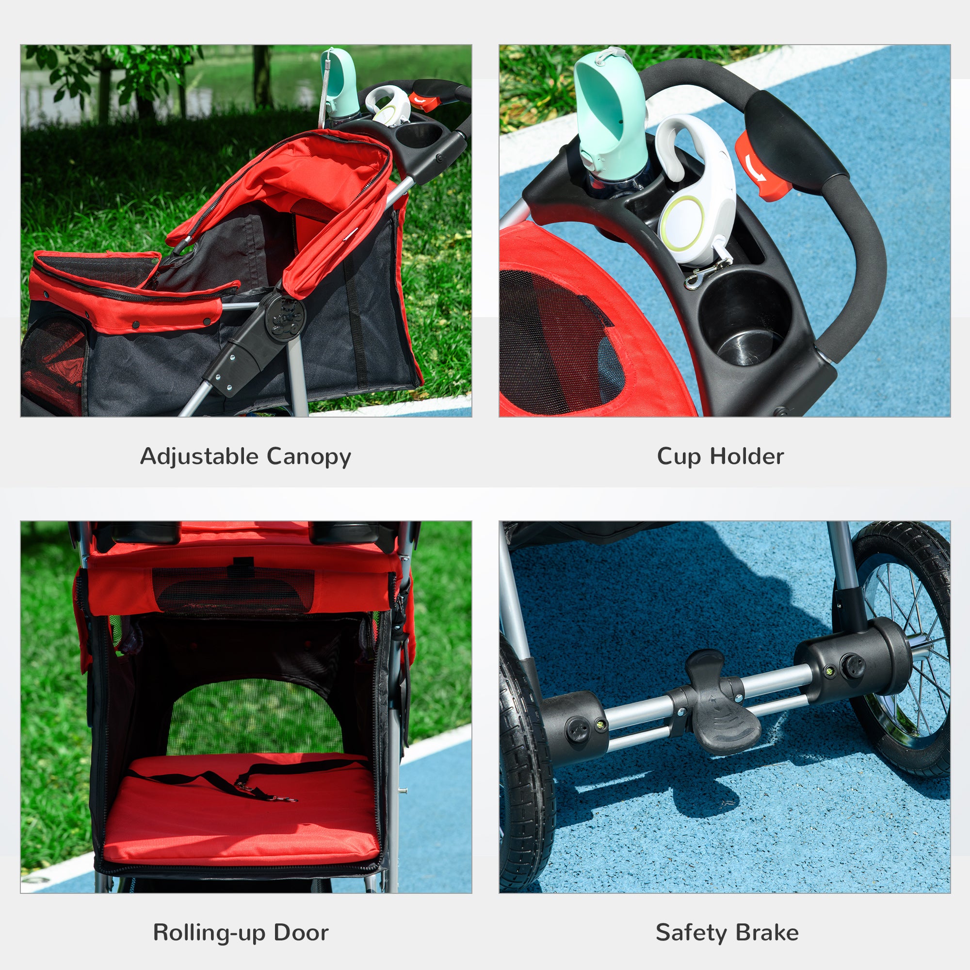 Luxury Pet Stroller Lightweight Dog Cat Travel Carriage with 3-Rubber Wheels, One-click Folding Design, Adjustable Canopy, Zippered Mesh Window Door, Red