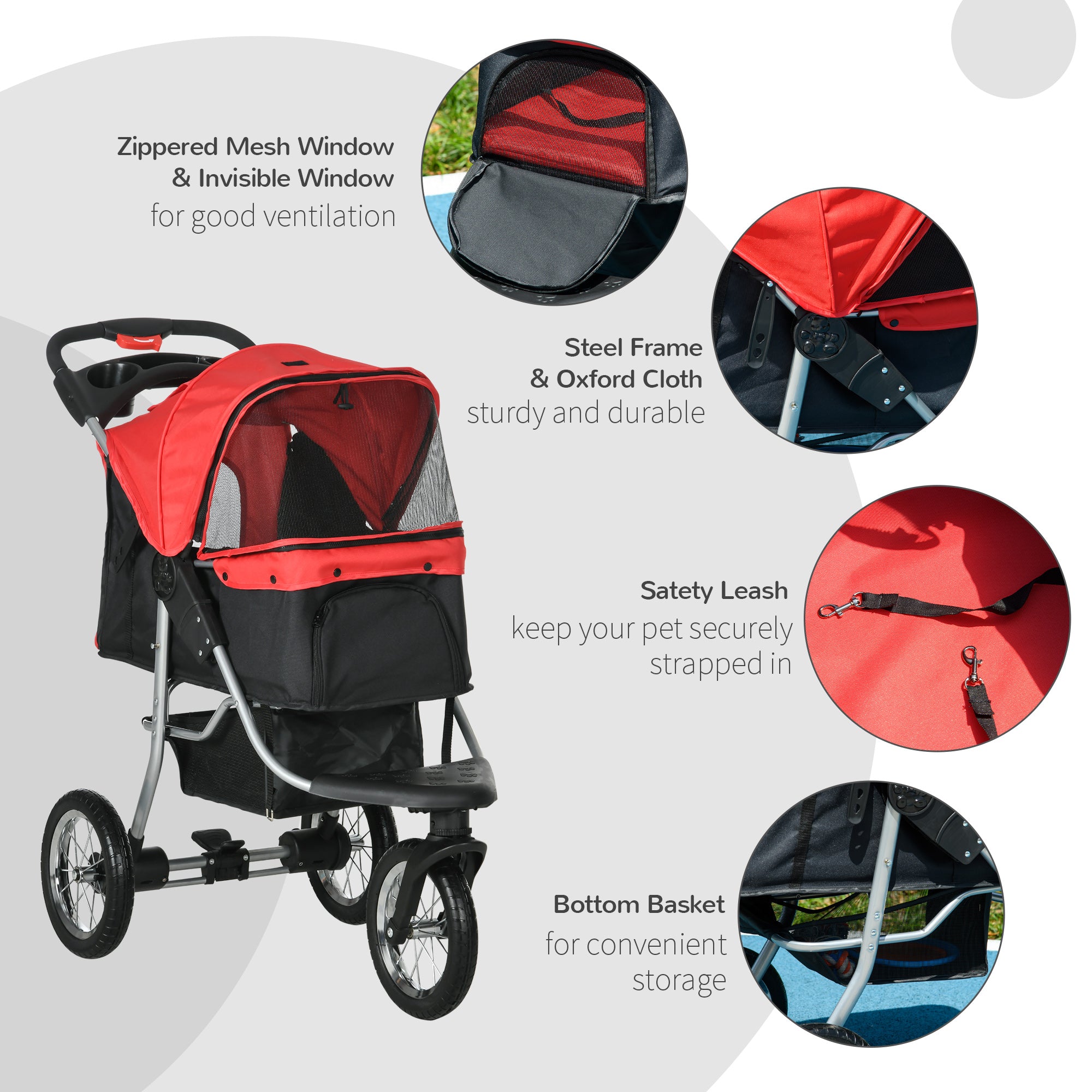 Luxury Pet Stroller Lightweight Dog Cat Travel Carriage with 3-Rubber Wheels, One-click Folding Design, Adjustable Canopy, Zippered Mesh Window Door, Red