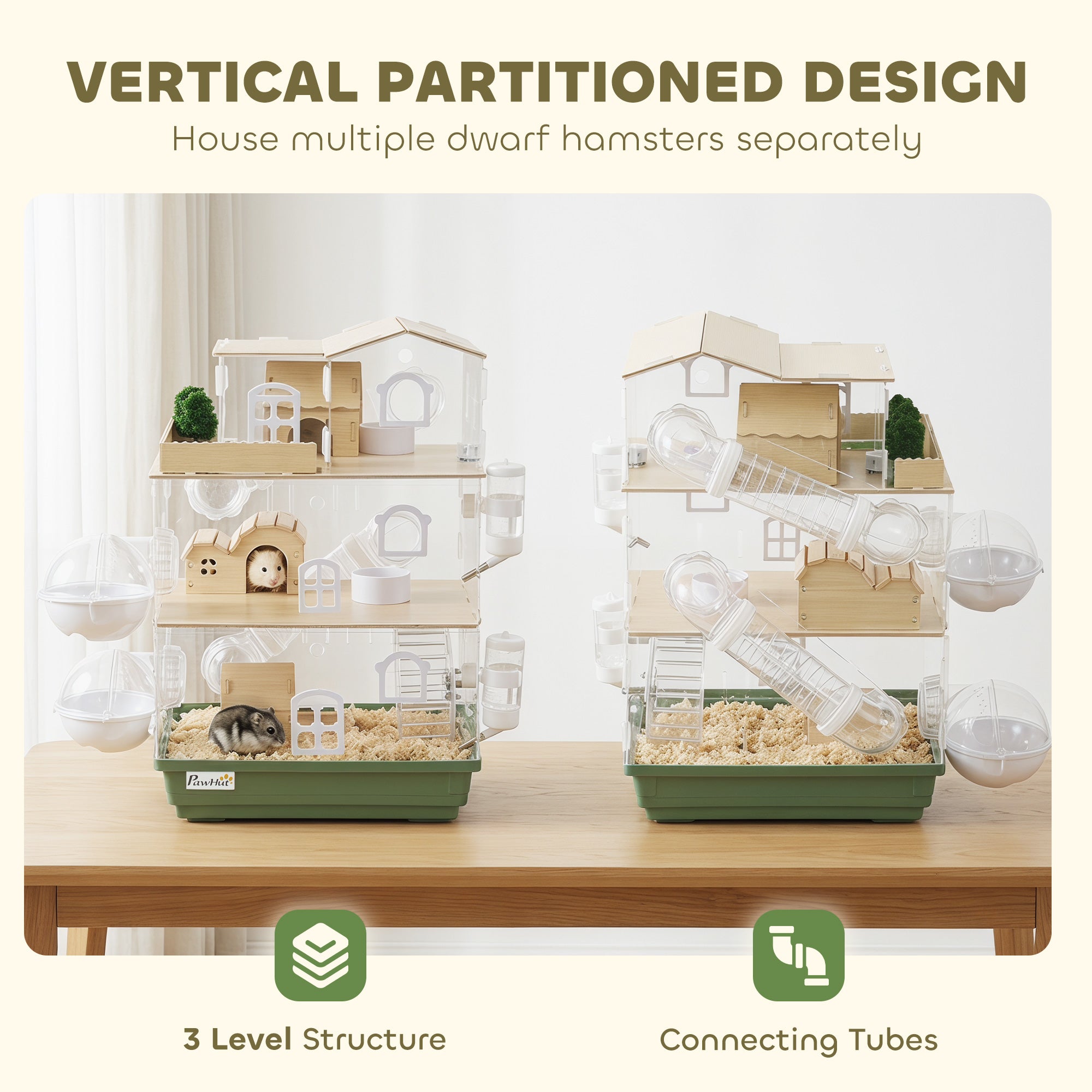 Large Hamster Cage, 3 Tiers Acrylic Hamster Habitat with Water Bottles, Dishes, Running Wheel and External Bathrooms for Pet Mice, Dwarf Hamster, 13.4" L x 9.8" W x 20.5" H