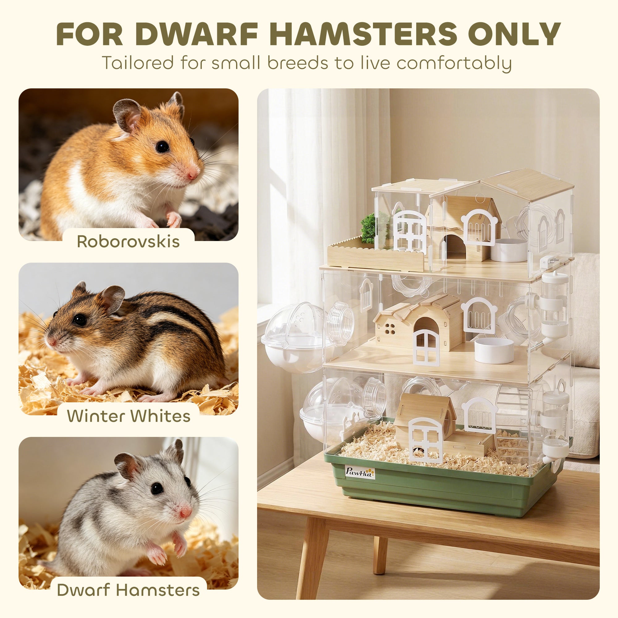 Large Hamster Cage, 3 Tiers Acrylic Hamster Habitat with Water Bottles, Dishes, Running Wheel and External Bathrooms for Pet Mice, Dwarf Hamster, 13.4" L x 9.8" W x 20.5" H