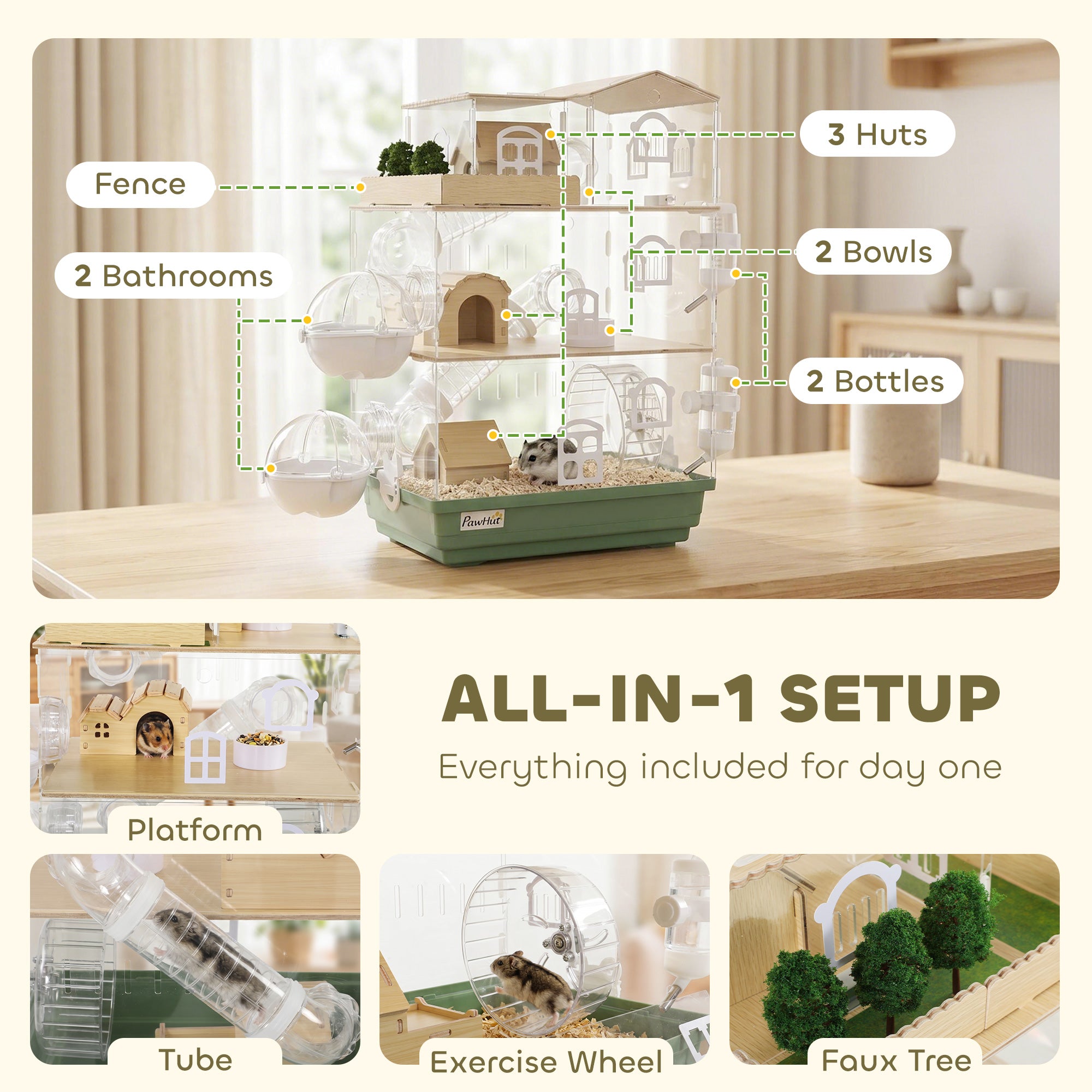 15 in 1 Acrylic Hamster Cage, 3 Tiers Large Gerbil Cage with 3 Huts, 2 Water Bottles, 2 Dishes, Running Wheel and External Bathrooms for Pet Mice, Dwarf Hamster, 13.4" L x 9.8" W x 20.5" H