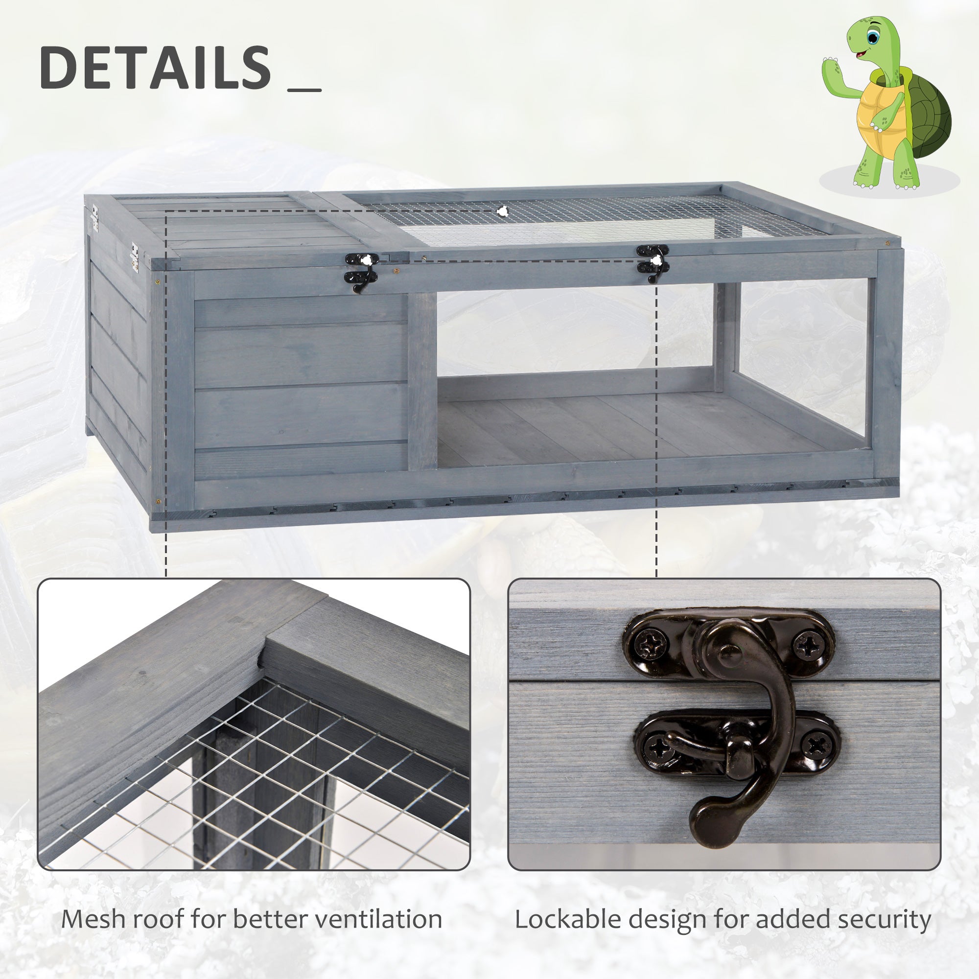 Wood Tortoise House Indoor Outdoor Turtle Habitat Reptile Cage for Lizards, Geckos, 35.8" x 23.8" x 12.6", Grey
