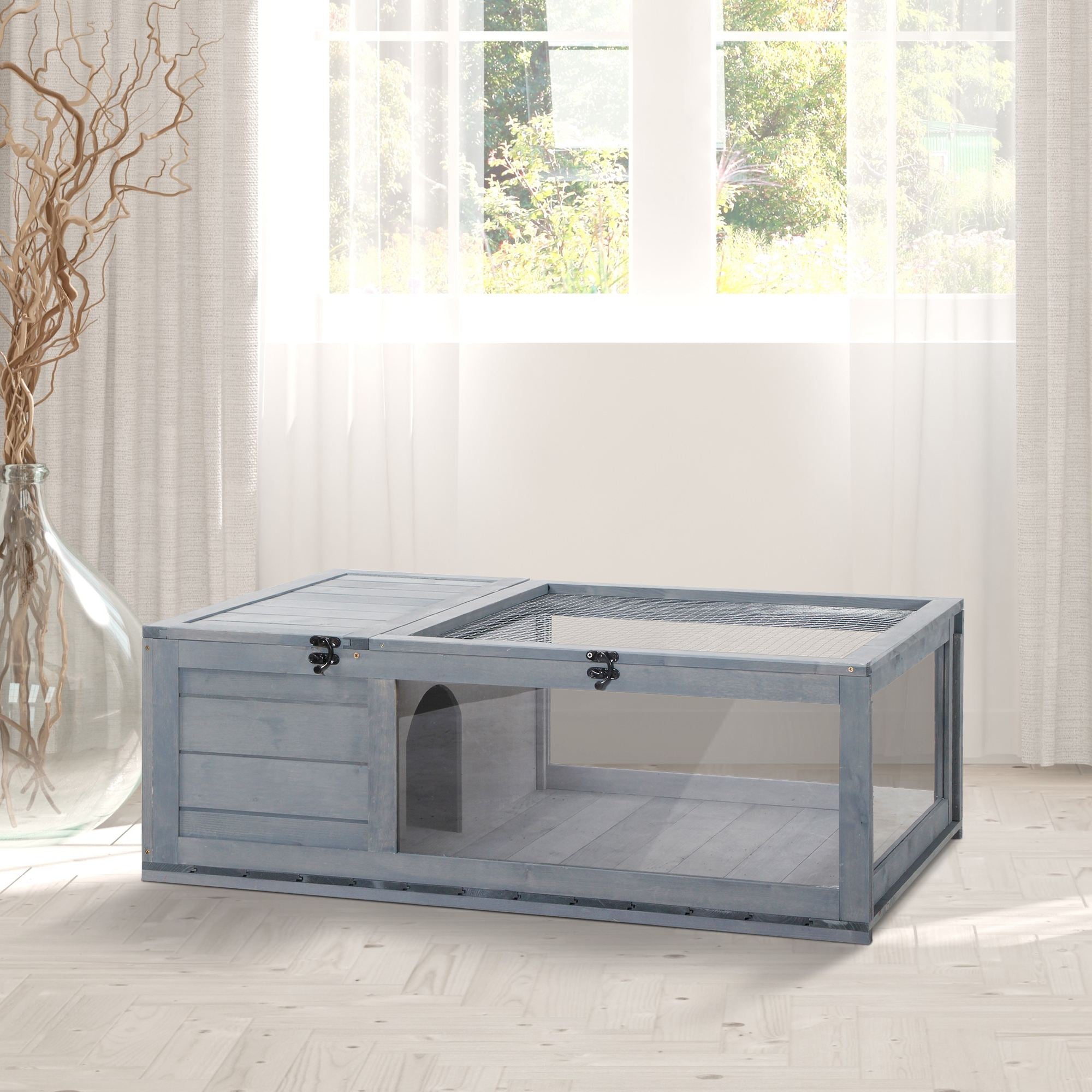 Wood Tortoise House Indoor Outdoor Turtle Habitat Reptile Cage for Lizards, Geckos, 35.8" x 23.8" x 12.6", Grey