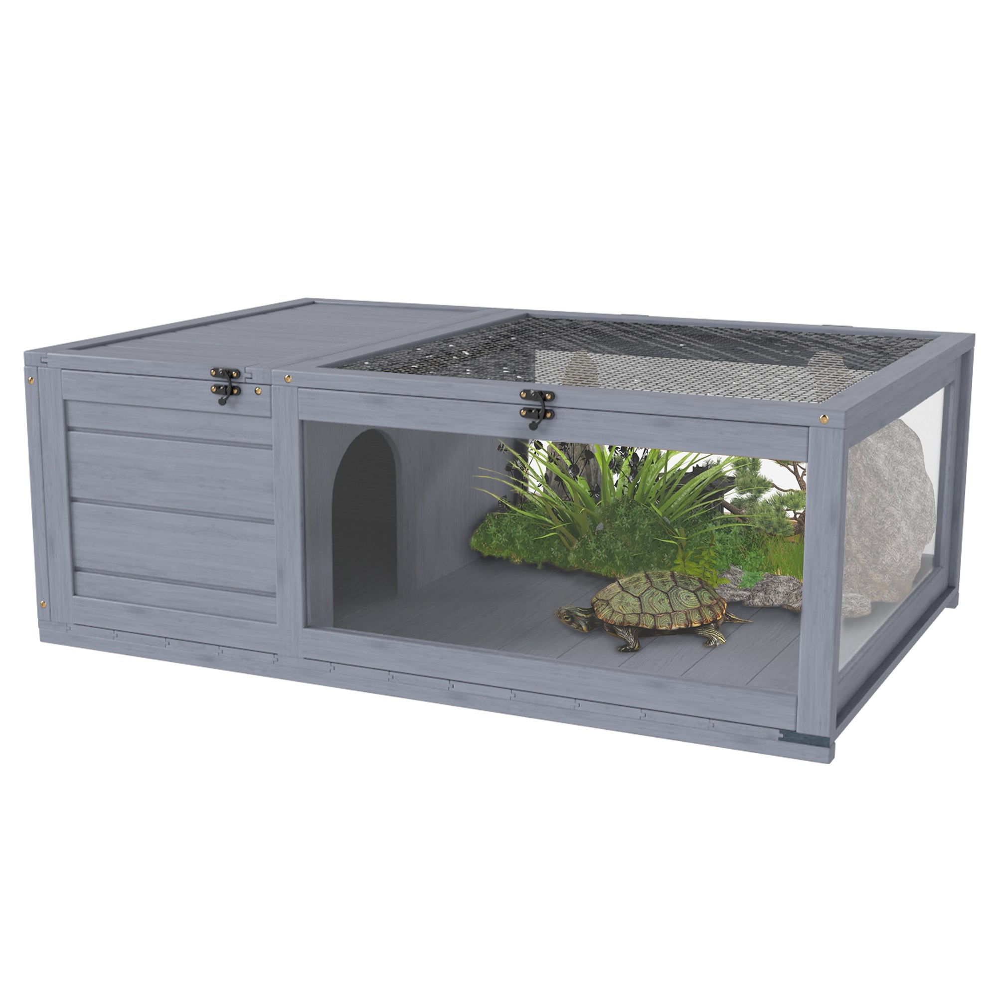 Wood Tortoise House Indoor Outdoor Turtle Habitat Reptile Cage for Lizards, Geckos, 35.8" x 23.8" x 12.6", Grey