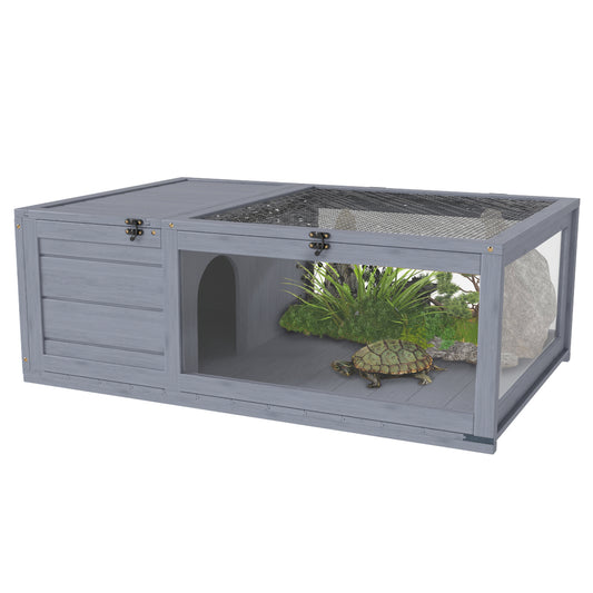Wood Tortoise House Indoor Outdoor Turtle Habitat Reptile Cage for Lizards, Geckos, 35.8" x 23.8" x 12.6", Grey