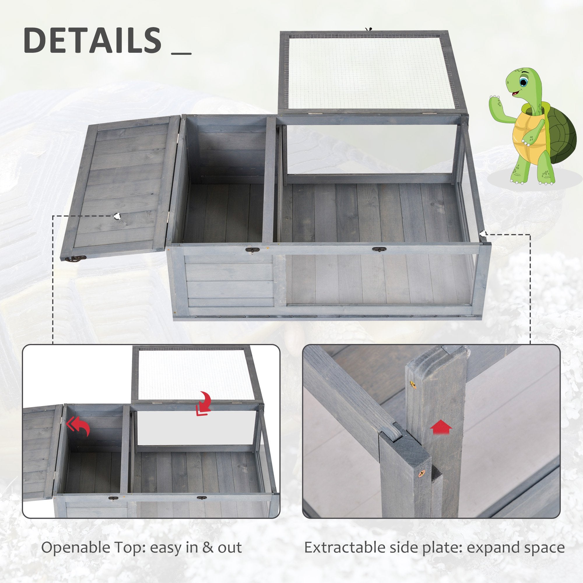 Wood Tortoise House Indoor Outdoor Turtle Habitat Reptile Cage for Lizards, Geckos, 35.8" x 23.8" x 12.6", Grey