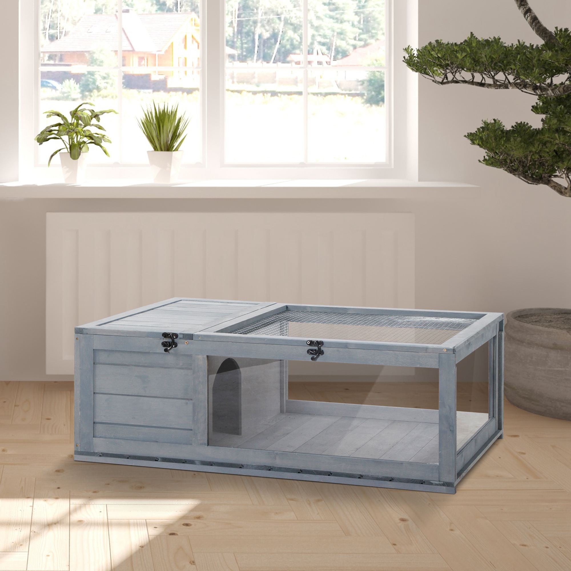 Wood Tortoise House Indoor Outdoor Turtle Habitat Reptile Cage for Lizards, Geckos, 35.8" x 23.8" x 12.6", Grey