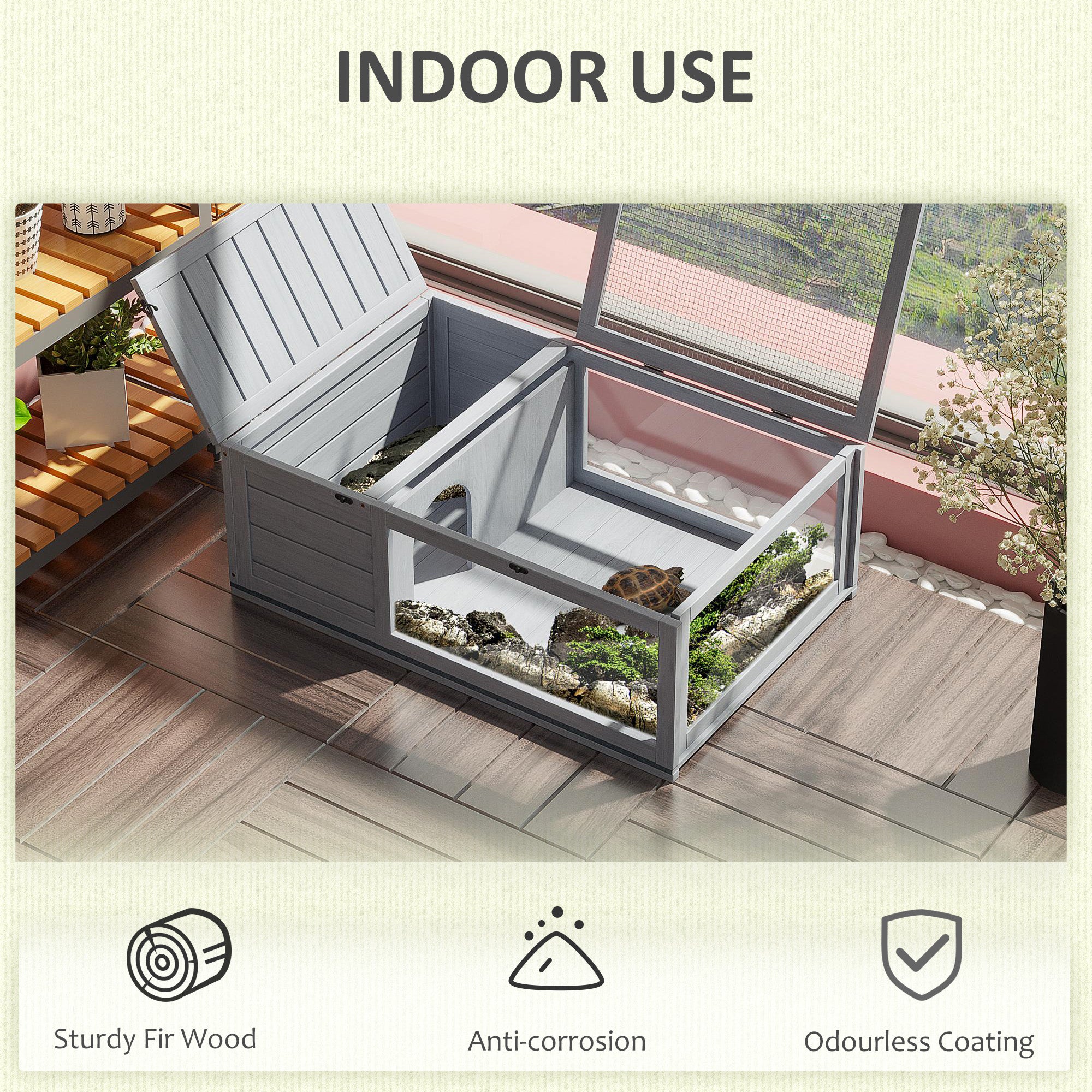 Tortoise House with Mesh Roof, Small Reptile Wooden House, Tortoise Enclosure with Removable Side Panel, for Indoor - Grey