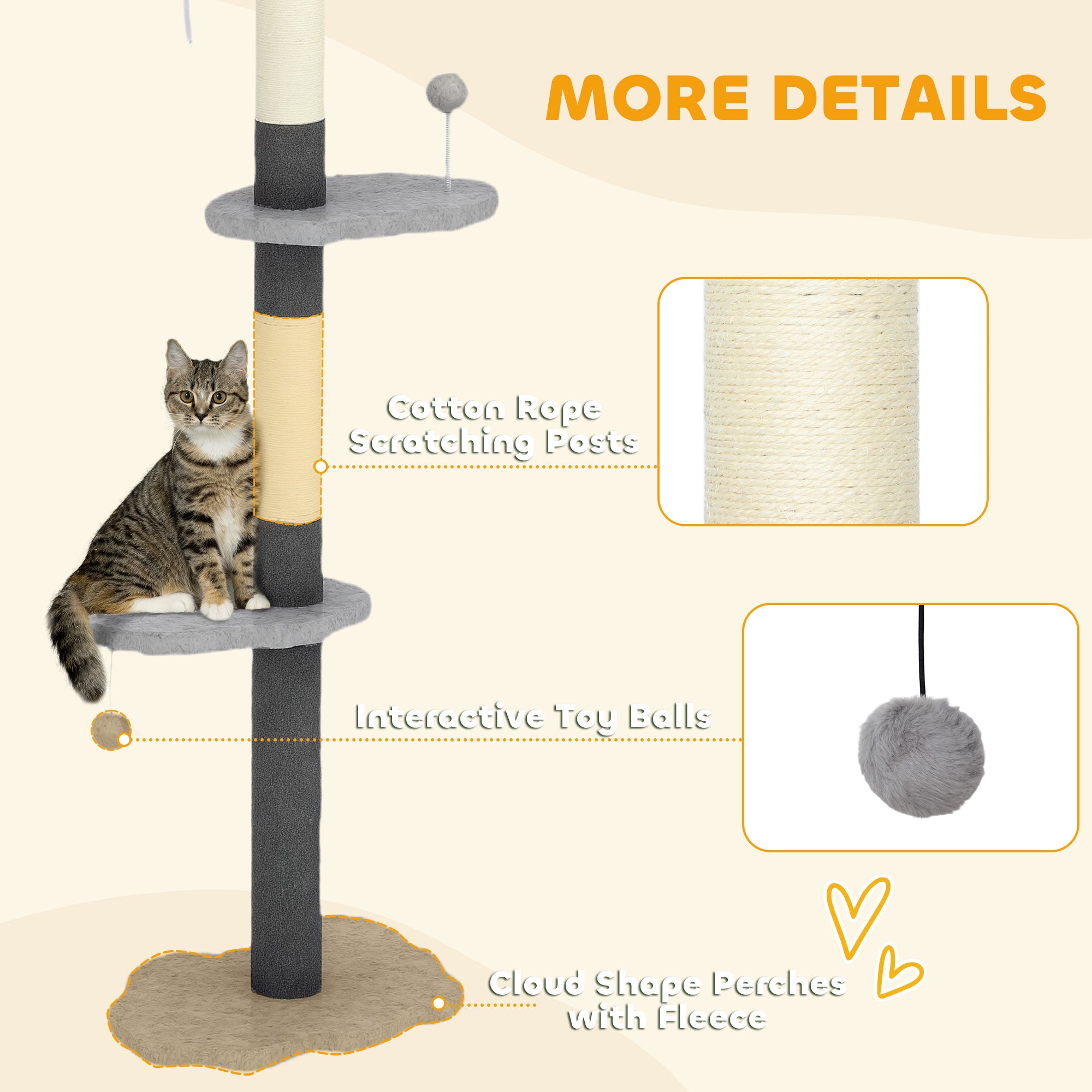 Floor to Ceiling Cat Tree with Scratching Posts, 88.5"-100.5" Adjustable Height Cat Tower with Cloud Shaped Platforms, Dangling Balls, Grey