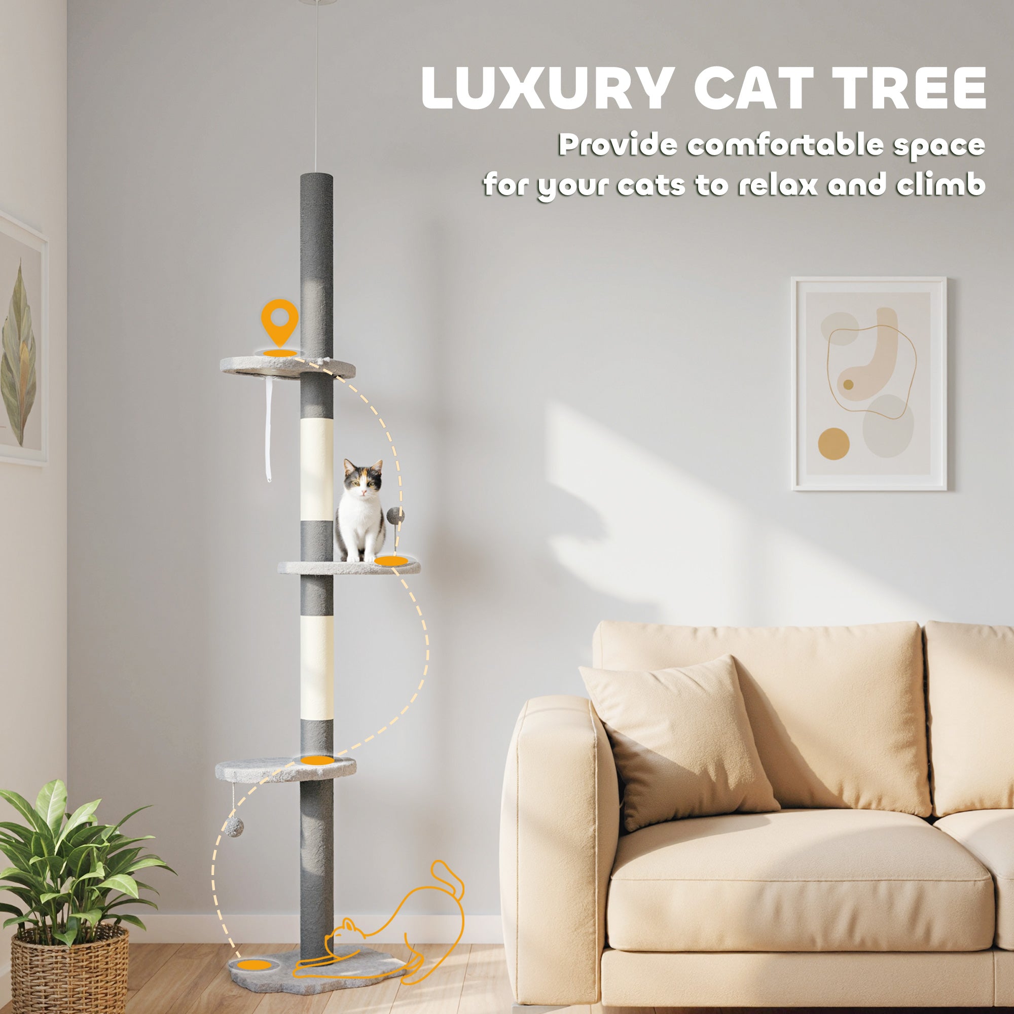 Floor to Ceiling Cat Tree with Scratching Posts, 88.5"-100.5" Adjustable Height Cat Tower with Cloud Shaped Platforms, Dangling Balls, Grey