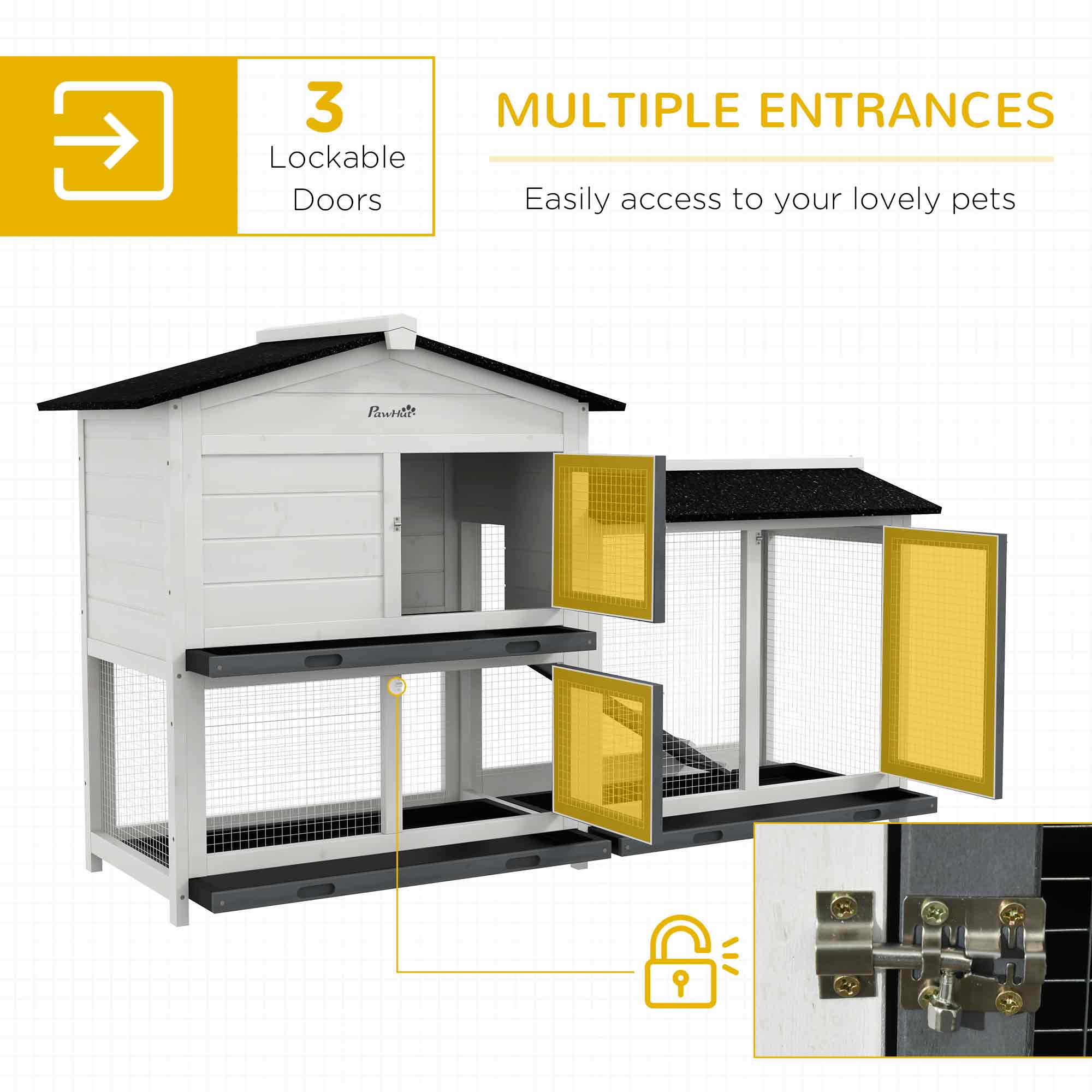 PawHut 62" Rabbit Hutch, Wooden Bunny Hutch, Guinea Pig Cage, Small Animal Enclosure with Run Area, Removable Tray, Asphalt Roof, Lockable Doors and Ramp, White