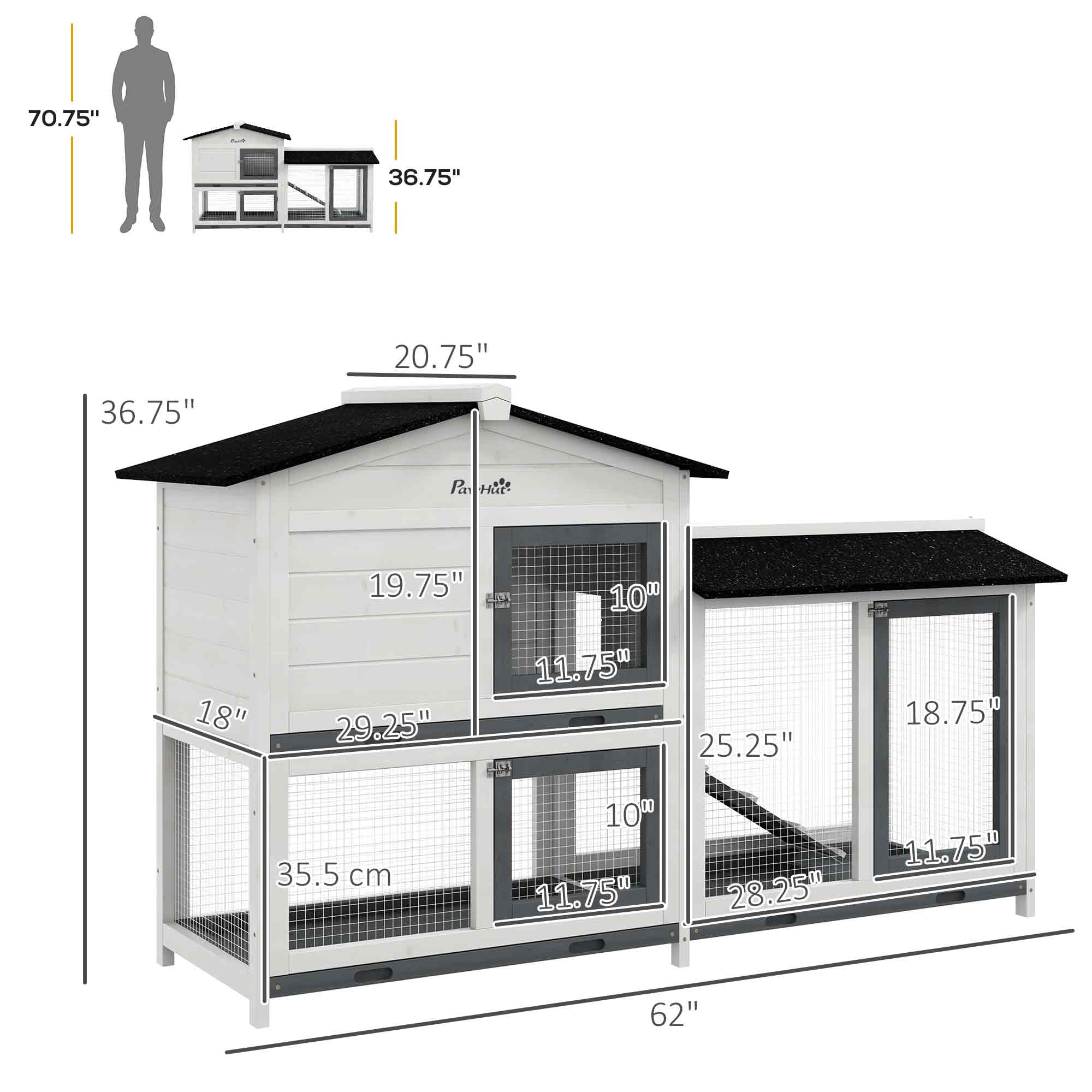 PawHut 62" Rabbit Hutch, Wooden Bunny Hutch, Guinea Pig Cage, Small Animal Enclosure with Run Area, Removable Tray, Asphalt Roof, Lockable Doors and Ramp, White