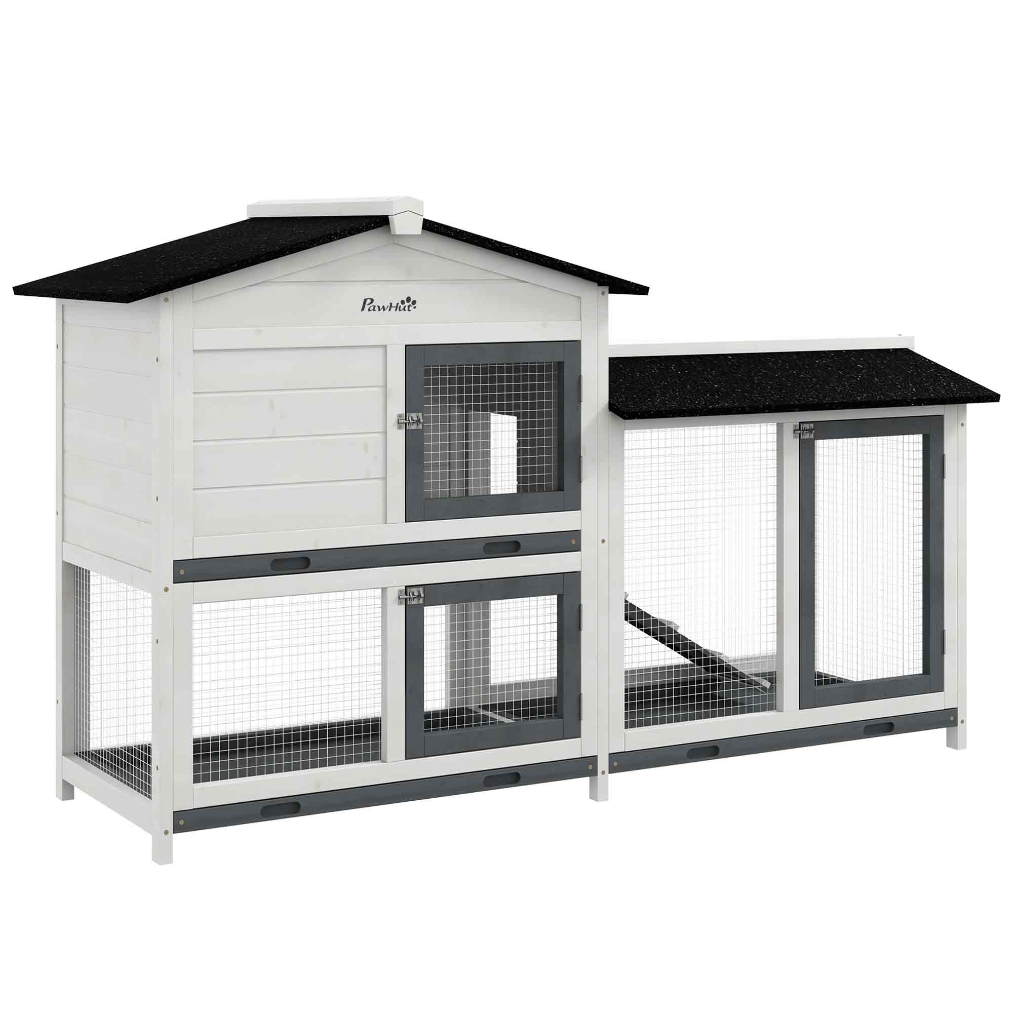 PawHut 62" Rabbit Hutch, Wooden Bunny Hutch, Guinea Pig Cage, Small Animal Enclosure with Run Area, Removable Tray, Asphalt Roof, Lockable Doors and Ramp, White