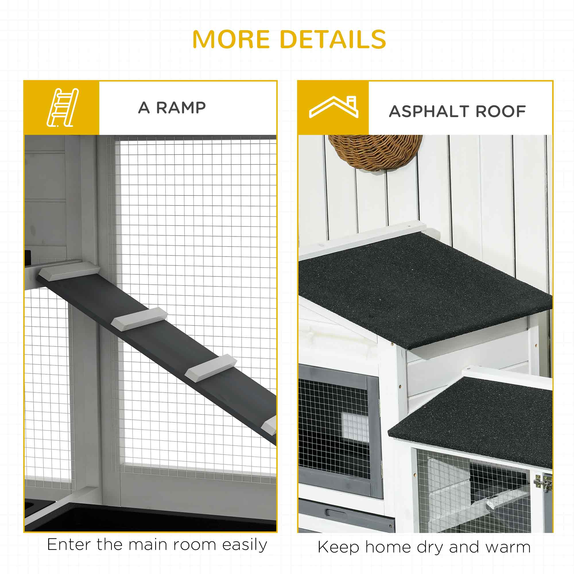 PawHut 62" Rabbit Hutch, Wooden Bunny Hutch, Guinea Pig Cage, Small Animal Enclosure with Run Area, Removable Tray, Asphalt Roof, Lockable Doors and Ramp, White