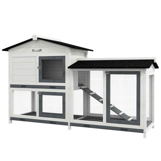 PawHut 62" Rabbit Hutch, Wooden Bunny Hutch, Guinea Pig Cage, Small Animal Enclosure with Run Area, Removable Tray, Asphalt Roof, Lockable Doors and Ramp, White