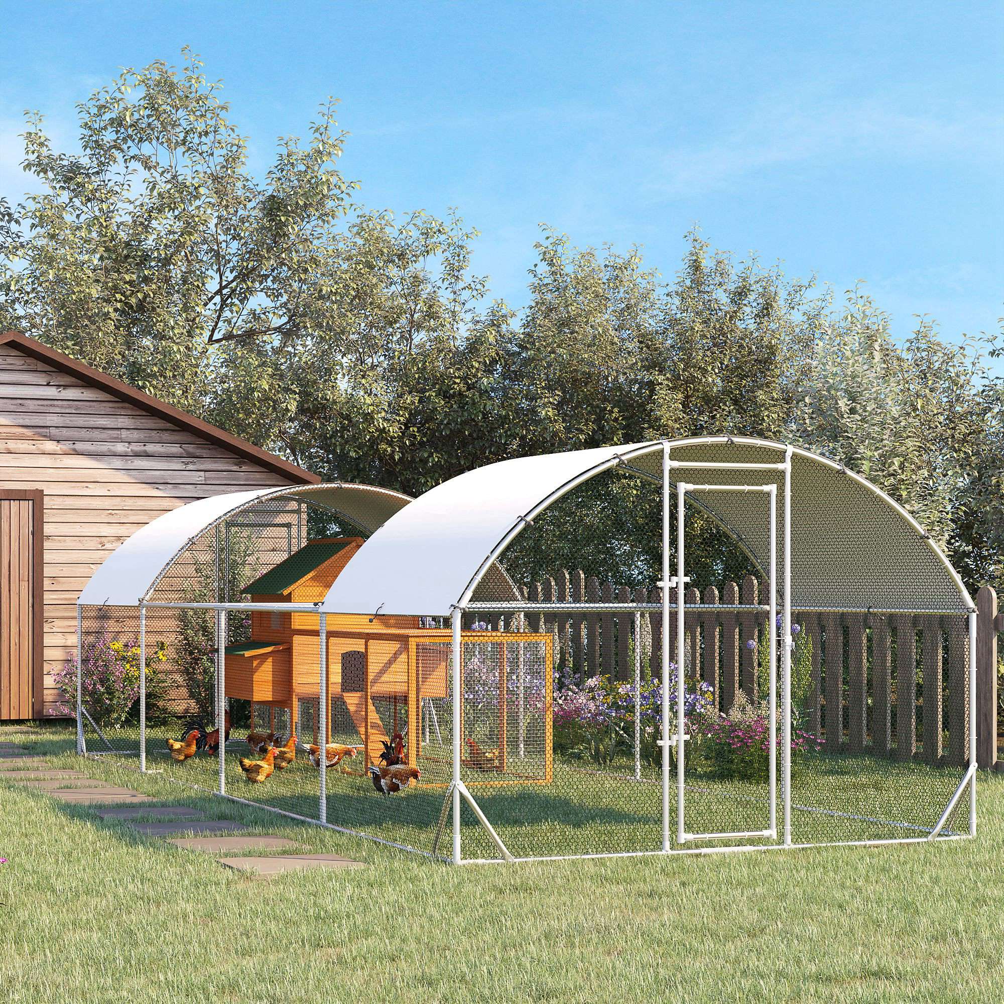 Chicken Run, 24.9' x 9.2' Metal Chicken Coop with Waterproof and Anti-UV Cover, Door for 20-24 Chickens, Ducks, Rabbits, Sliver