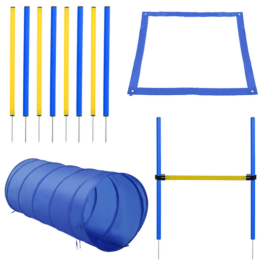 4PC Obstacle Dog Agility Training Course with Jump Hurdle, Tunnel, Pause Box, Weave Poles and Carrying Bag, Backyard Competitive Equipment- Blue/Yellow