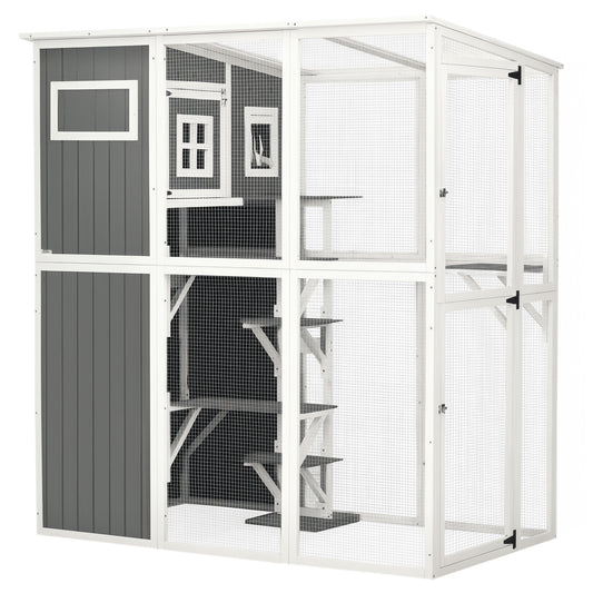 Wooden Cat Catio, 66.5"L Walk in Outdoor Cat House with PVC Weather Protection Roof, Multiple Platforms, Lockable Doors, Resting Condo, Observation Window, for 2 Cats