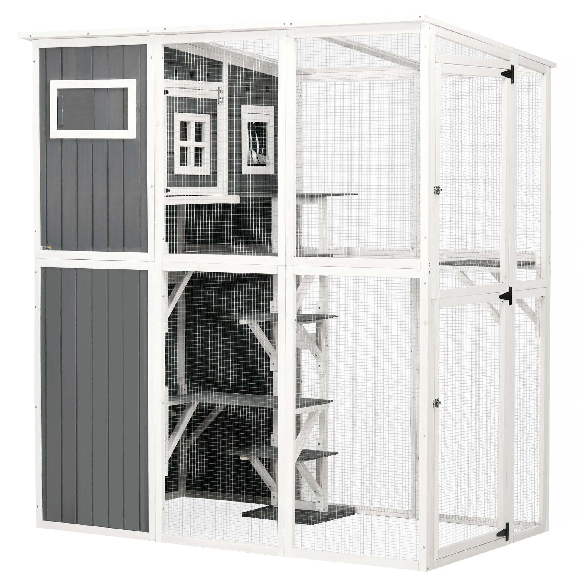 Wooden Cat Catio, 66.5"L Walk in Outdoor Cat House with PVC Weather Protection Roof, Multiple Platforms, Lockable Doors, Resting Condo, Observation Window, for 2 Cats