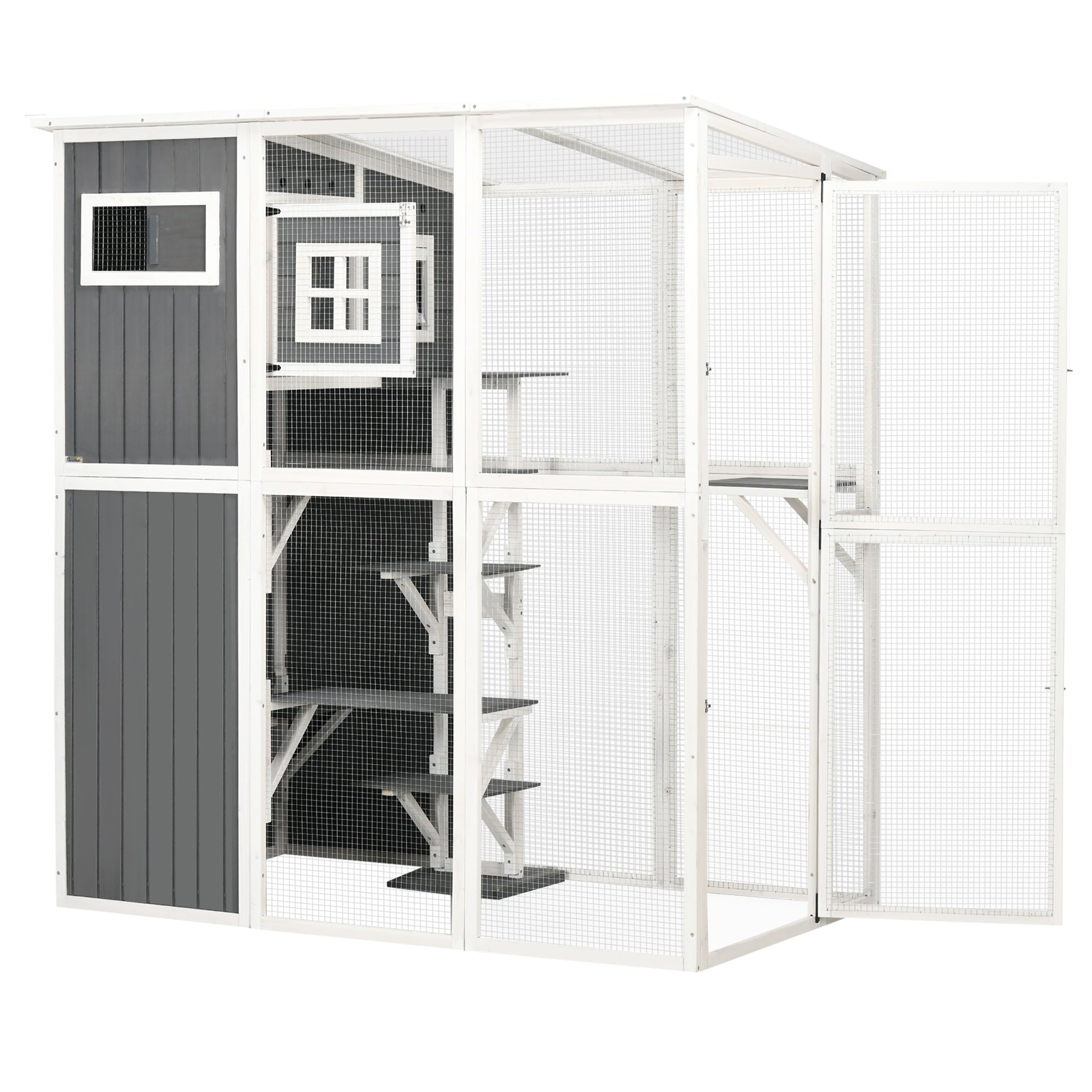 Wooden Cat Catio, 66.5"L Walk in Outdoor Cat House with PVC Weather Protection Roof, Multiple Platforms, Lockable Doors, Resting Condo, Observation Window, for 2 Cats