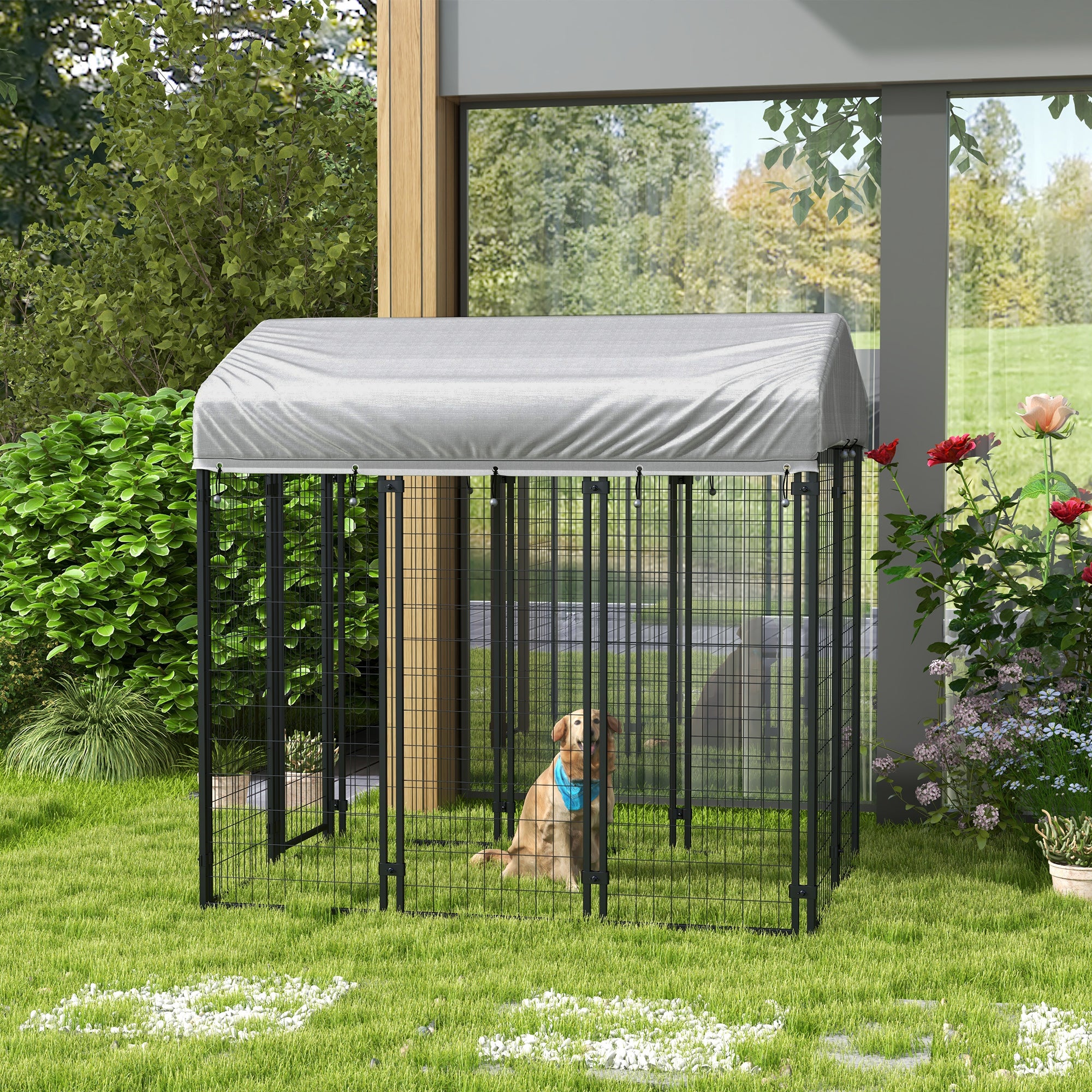6' x 4' x 6' Large Outdoor Dog Kennel Run Steel Fence with UV-Resistant Oxford Cloth Roof & Secure Lock