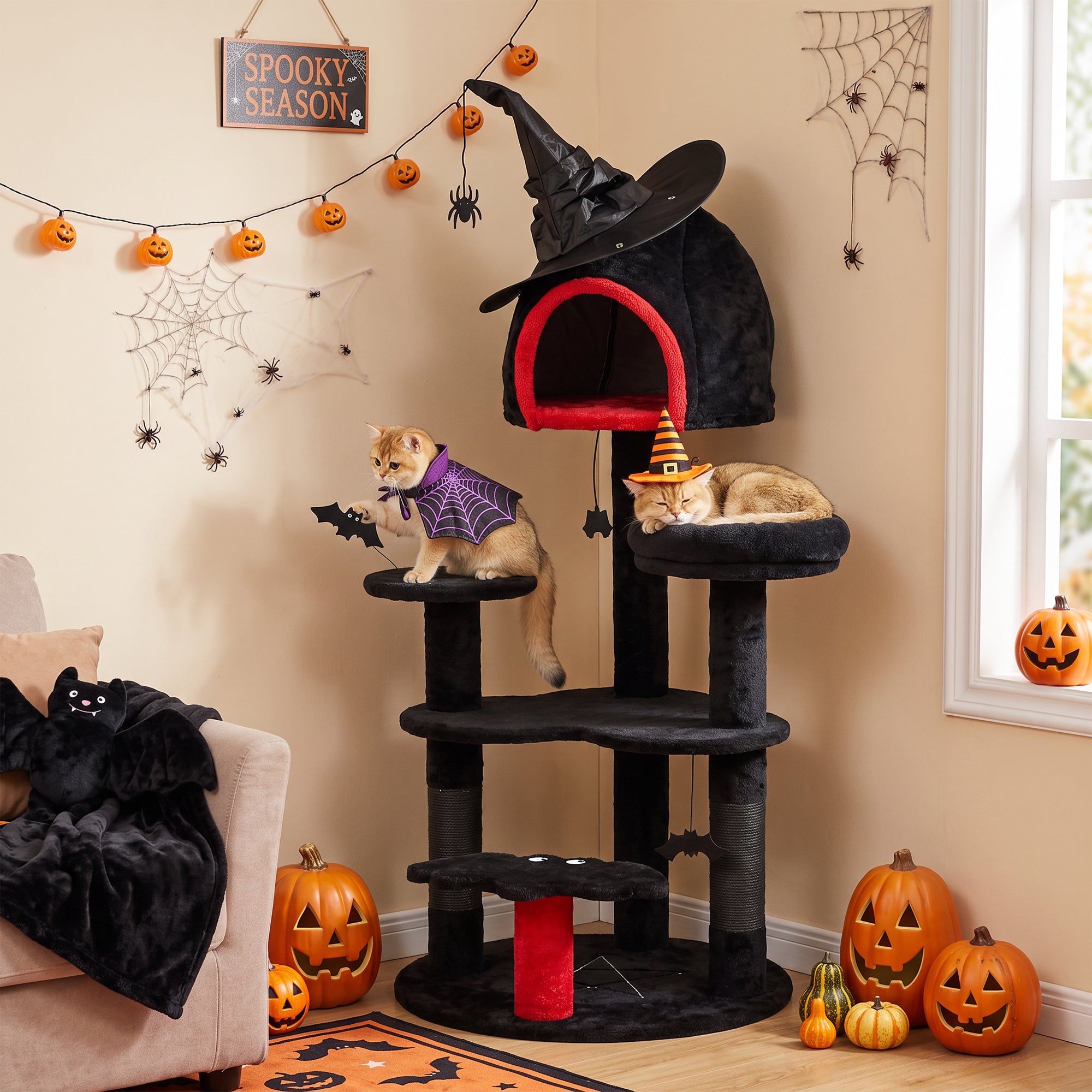 Gothic Cat Tree, 155cm Cat Tower for Indoor Kittens, Multi-Level Stable Kitten Activity Centre with Sisal Scratching Posts, Bed and Condo for Climbing, Playing, Relaxing, Black, Halloween